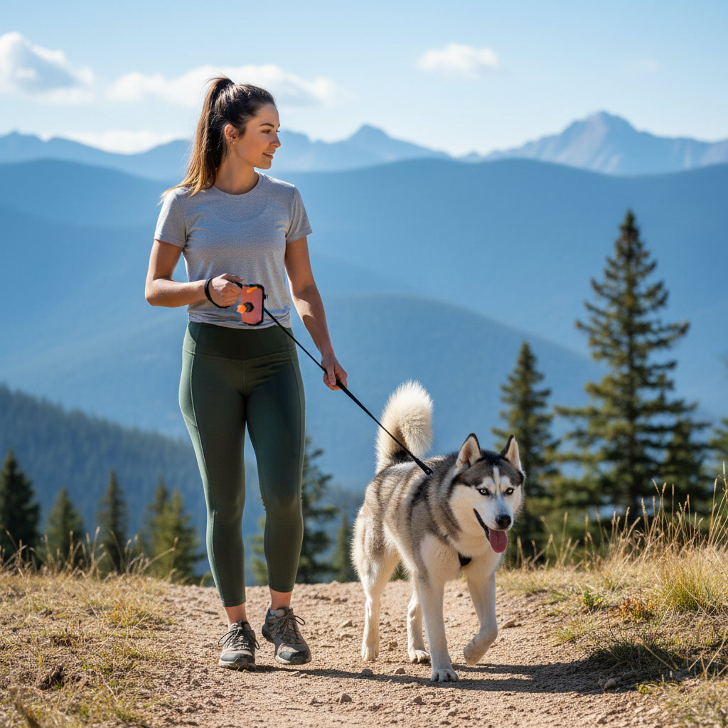 Lifestyle shot of a person walking a husky on a mountain trail, using the OllyDog Scoop Pick Up Bag in desert pink color attached to the leash. #color_desert