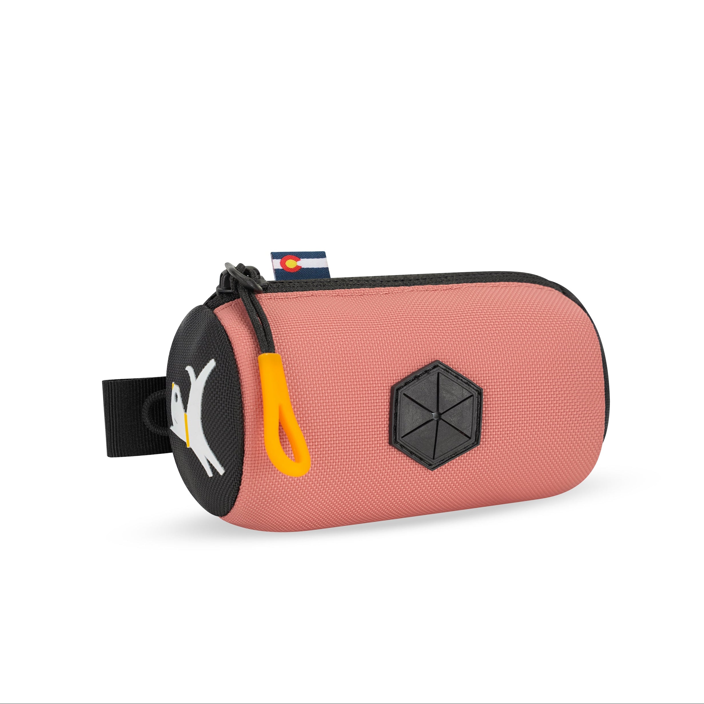 Side-angle view of the OllyDog Scoop Pick Up Bag in desert color, showcasing the 100% recycled polyester material, zippered closure, and integrated waste bag dispenser. #color_desert
