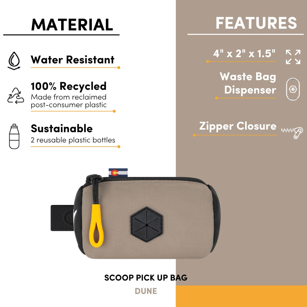 Product feature and material diagram of the OllyDog Scoop Pick Up Bag in dune color, highlighting water-resistant 100% recycled material, 4 inch by 2 inch by 1.5 inch dimensions, waste bag dispenser, and zipper closure. #color_dune