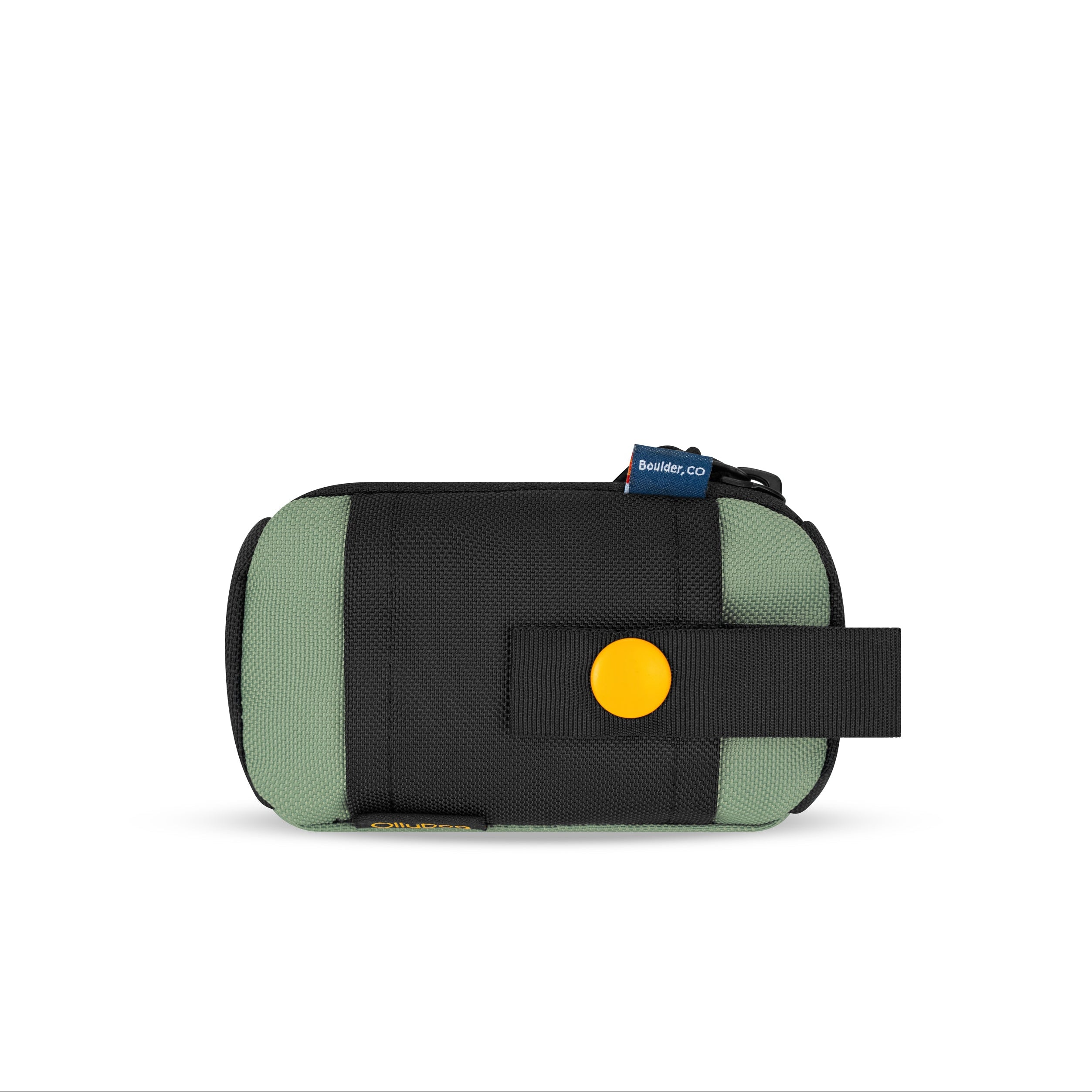 Back view of the OllyDog Scoop Pick Up Bag in olivine green color, highlighting the snap closure and slide-on attachment loop for easy attachment to any leash. #color_olivine