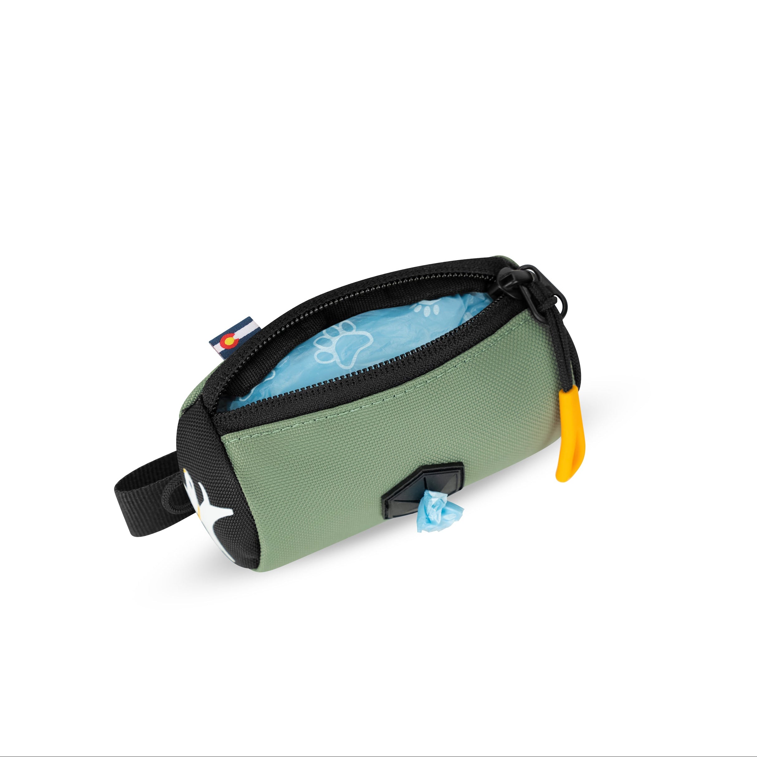 Top-down interior view of the OllyDog Scoop Pick Up Bag in olivine green color, showing the open zippered compartment and standard waste bags inside. #color_olivine