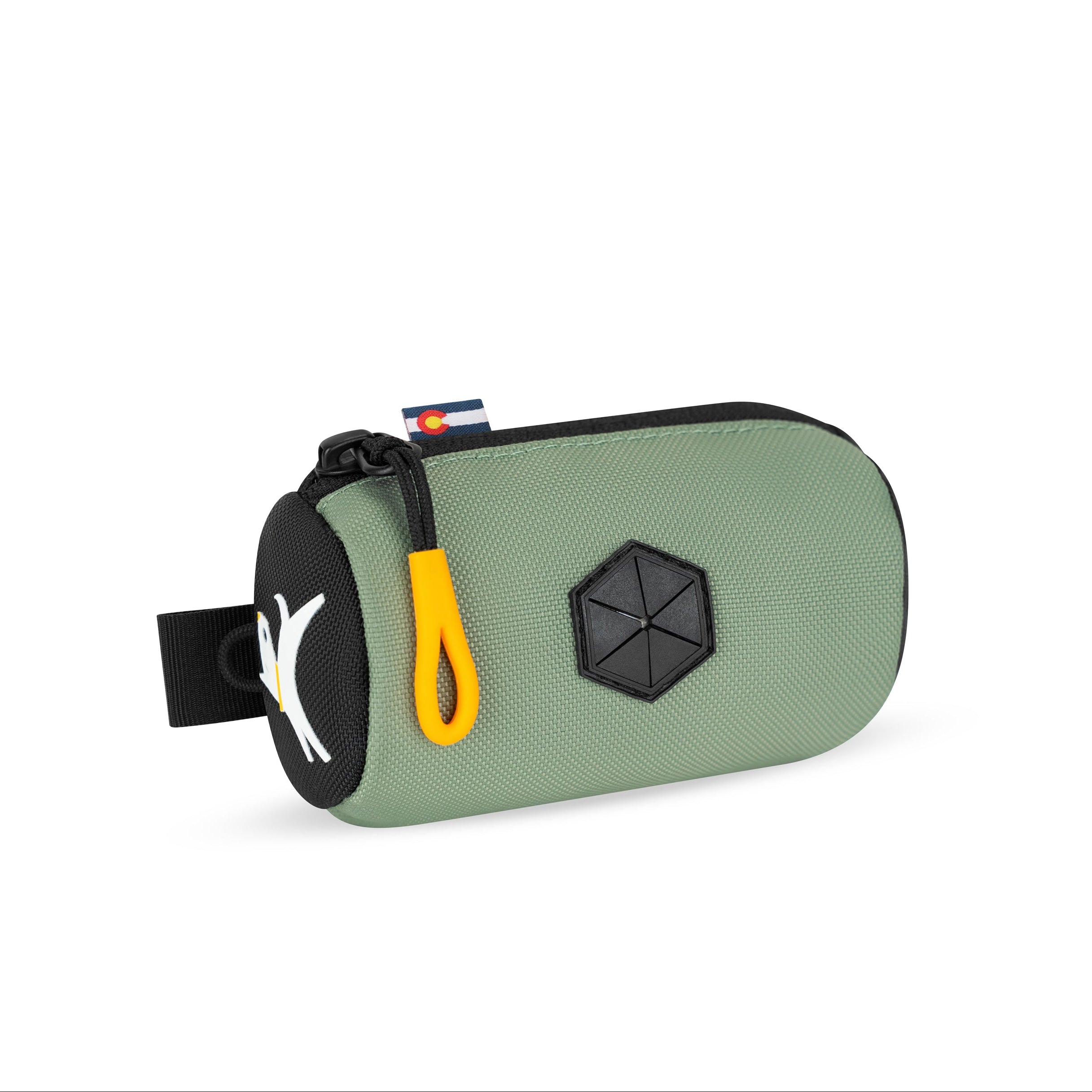 Side-angle view of the OllyDog Scoop Pick Up Bag in olivine green color, showcasing the 100% recycled polyester material, zippered closure, and waste bag dispenser. #color_olivine