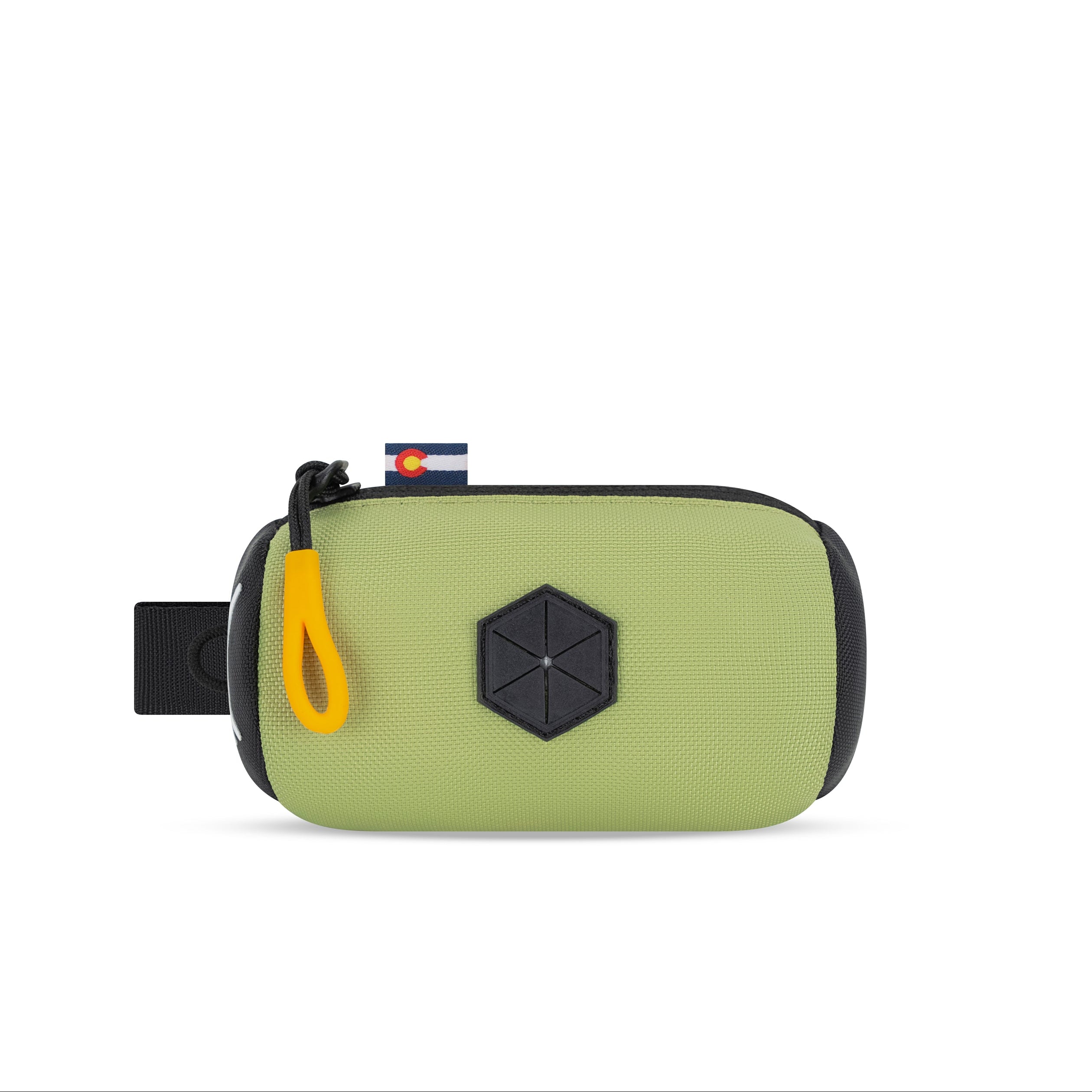Front view of the OllyDog Scoop Pick Up Bag in palm green color, showcasing the 100% recycled polyester design, zippered closure, and integrated waste bag dispenser. #color_palm