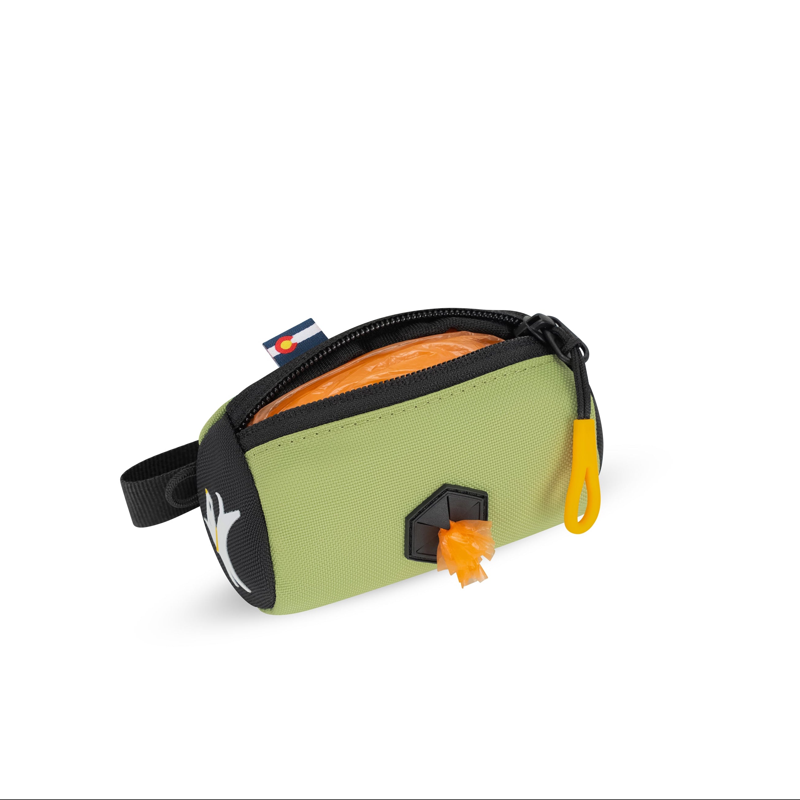 Top-down interior view of the OllyDog Scoop Pick Up Bag in palm green color, showing the open zippered compartment and waste bags inside.#color_palm