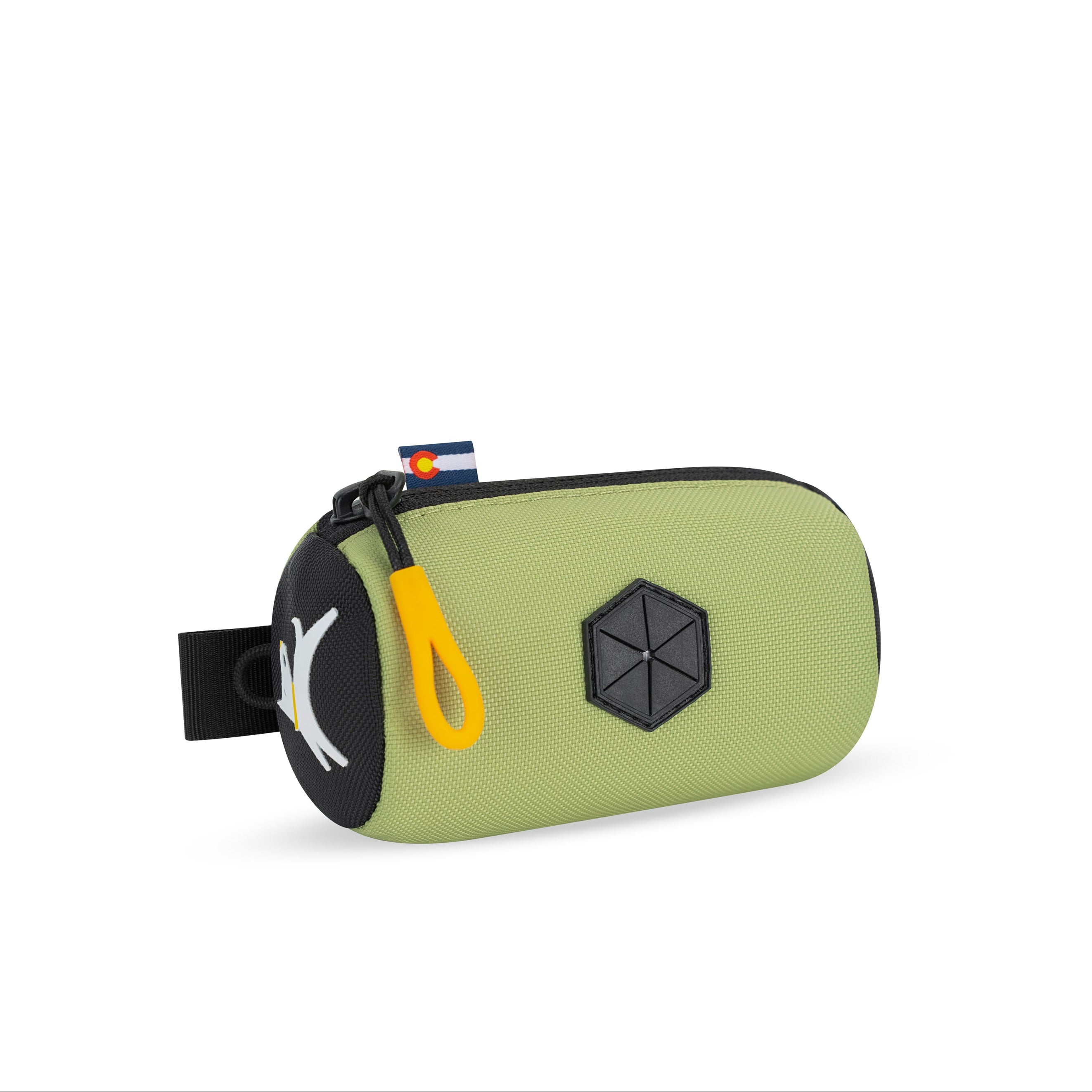 Side-angle view of the OllyDog Scoop Pick Up Bag in palm green color, showcasing the 100% recycled polyester material, zippered closure, and integrated waste bag dispenser. #color_palm