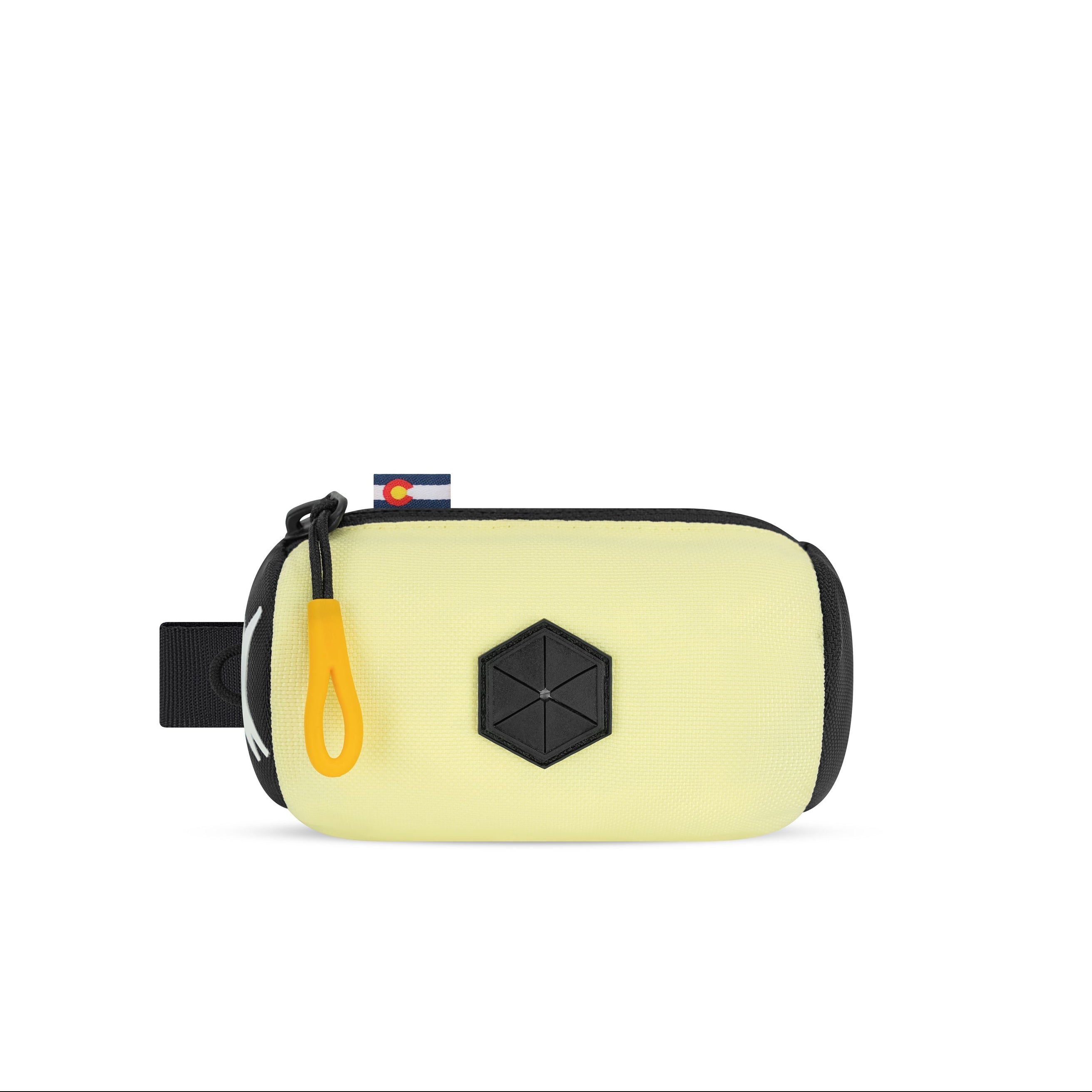 Front view of the OllyDog Scoop Pick Up Bag in sol yellow color, showcasing the 100% recycled polyester design, zippered closure, and integrated waste bag dispenser. #color_sol