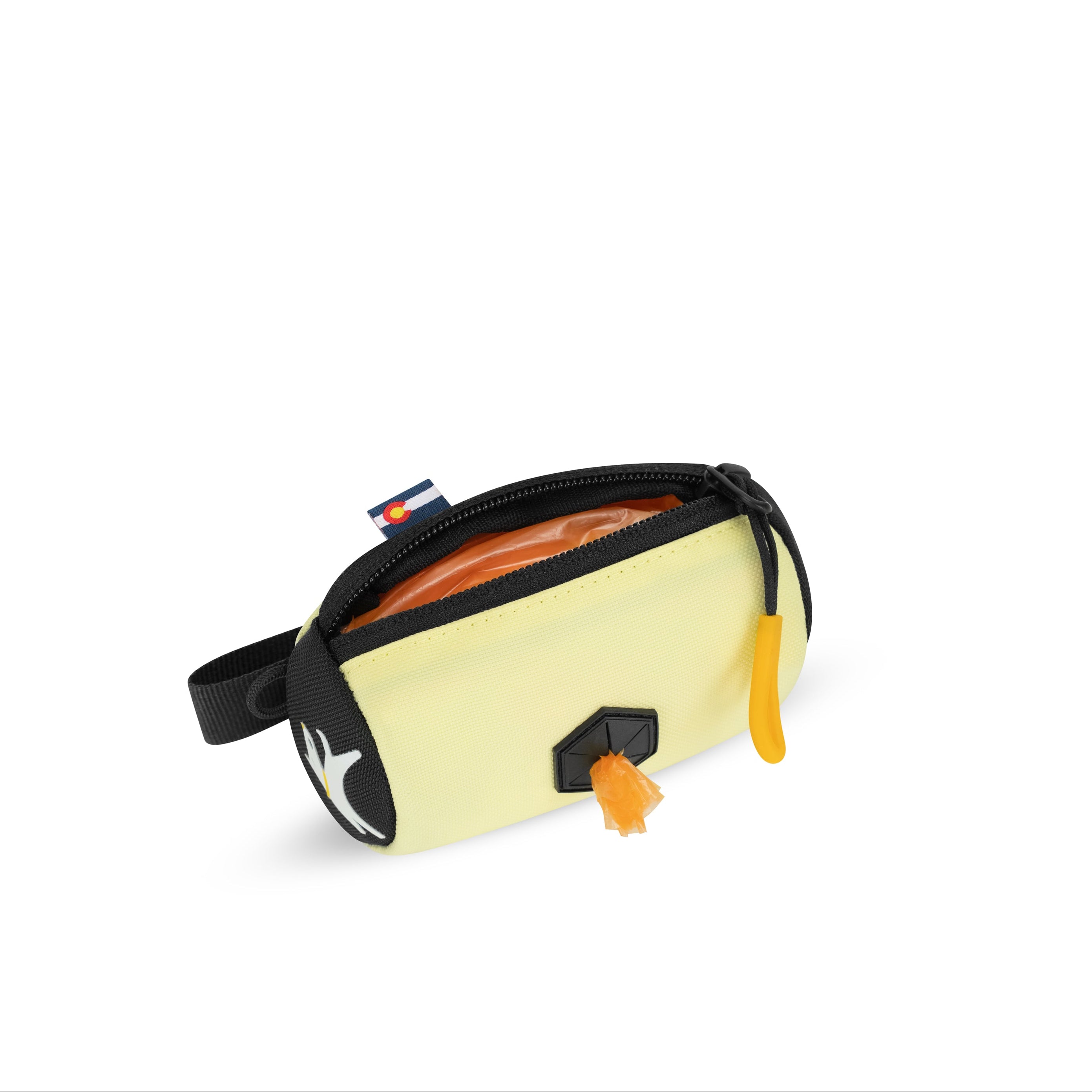 Top-down interior view of the OllyDog Scoop Pick Up Bag in sol yellow color, showing the open zippered compartment and waste bags inside. #color_sol