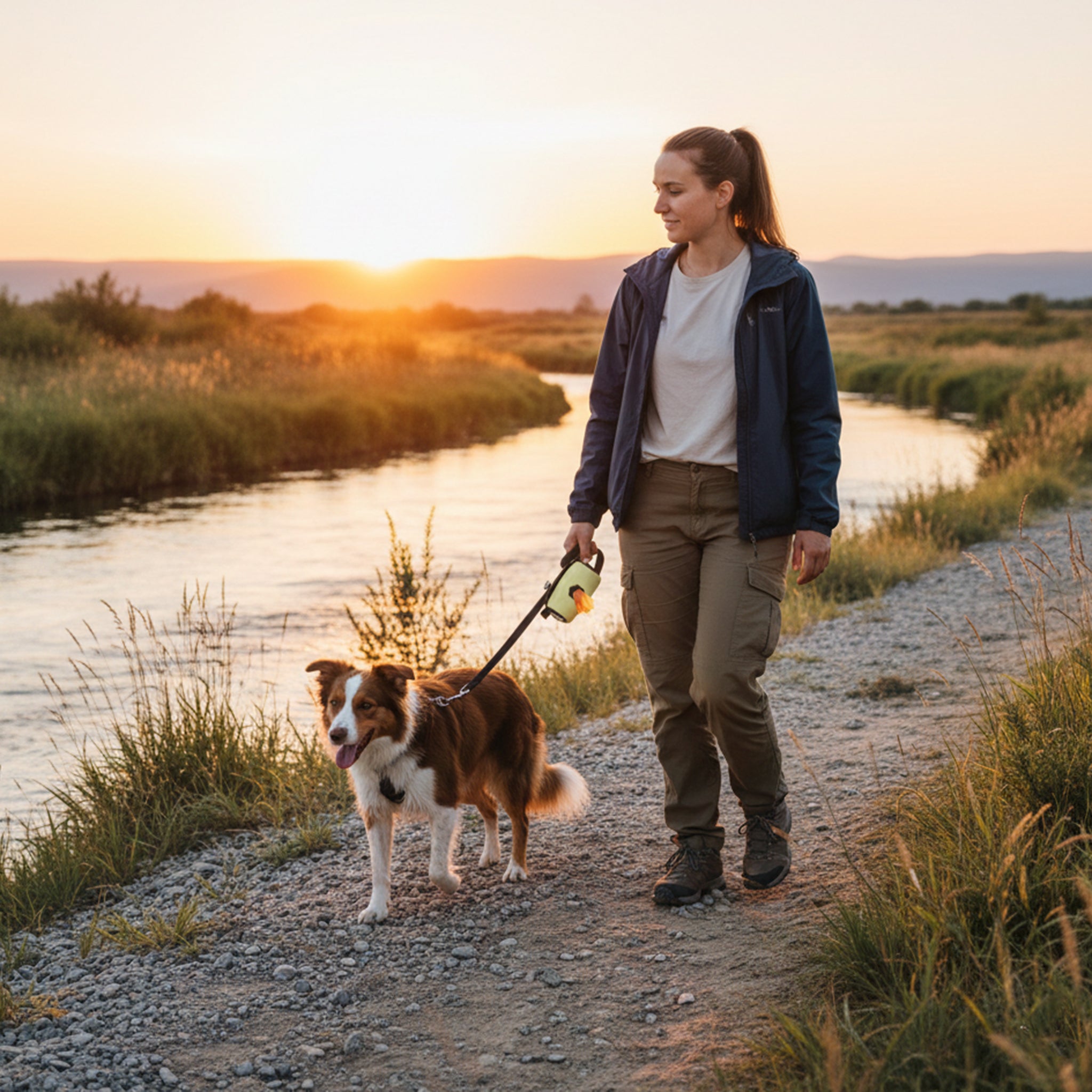 Lifestyle shot of a person walking a dog on a trail near a river at sunset, using the OllyDog Scoop Pick Up Bag in sol yellow color attached to the leash. #color_sol