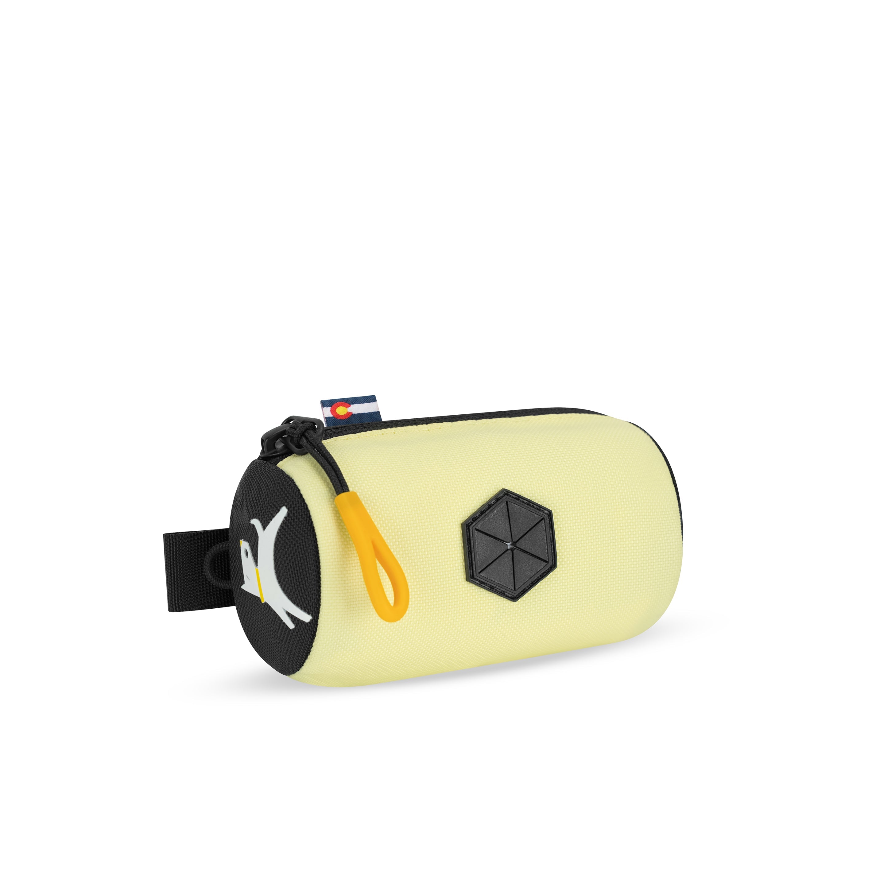 Side-angle view of the OllyDog Scoop Pick Up Bag in sol yellow color, showcasing the 100% recycled polyester material, zippered closure, and integrated waste bag dispenser. #color_sol