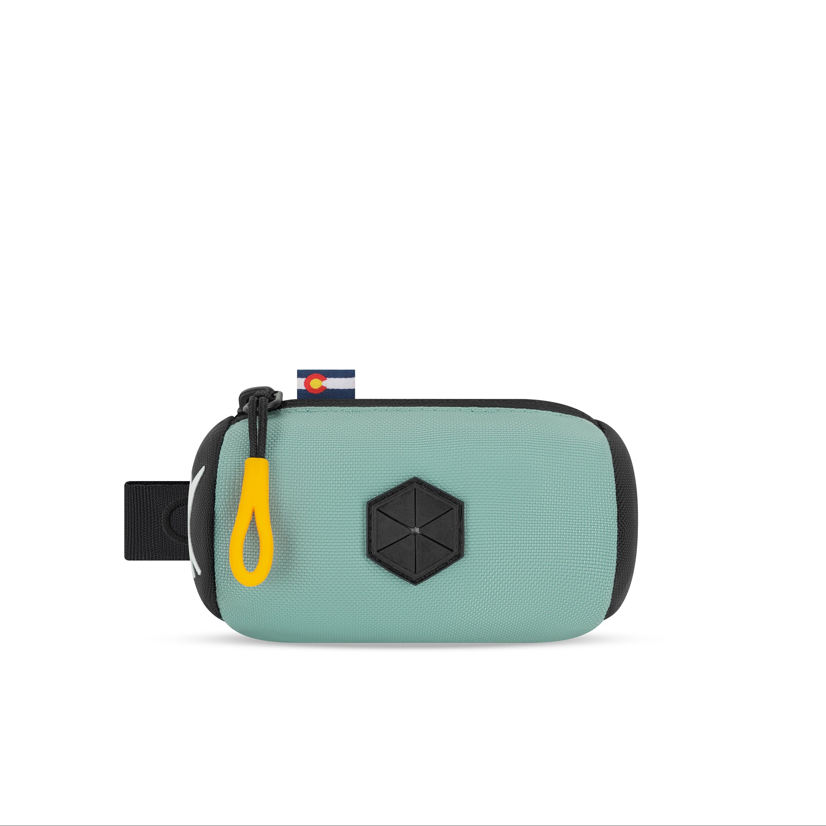 Front view of the OllyDog Scoop Pick Up Bag in surf blue color, showcasing the 100% recycled polyester design, zippered closure, and integrated waste bag dispenser. #color_surf