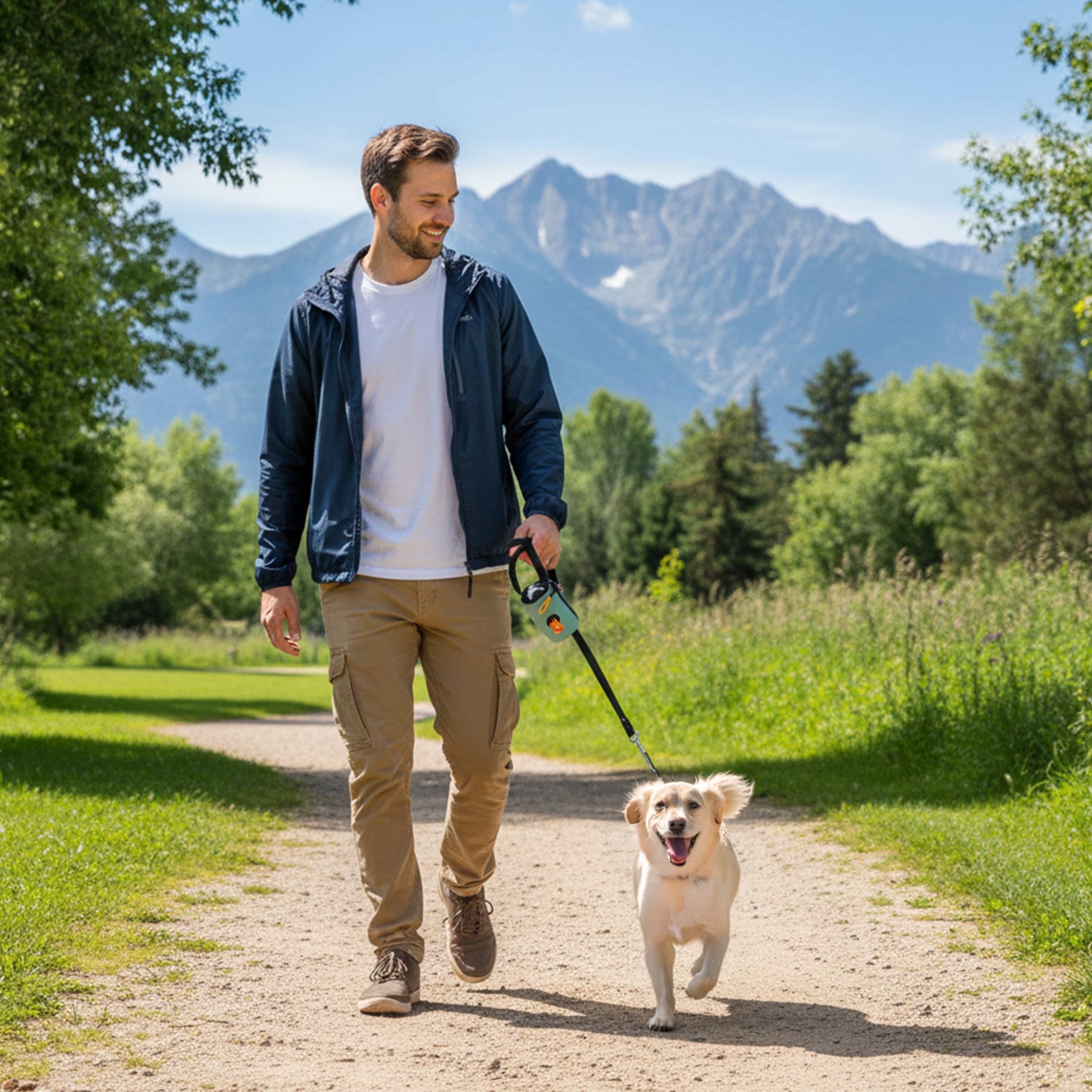 Lifestyle shot of a man walking a happy dog on a sunny park trail with mountains in the background, using the OllyDog Scoop Pick Up Bag in surf blue color attached to the leash. #color_surf