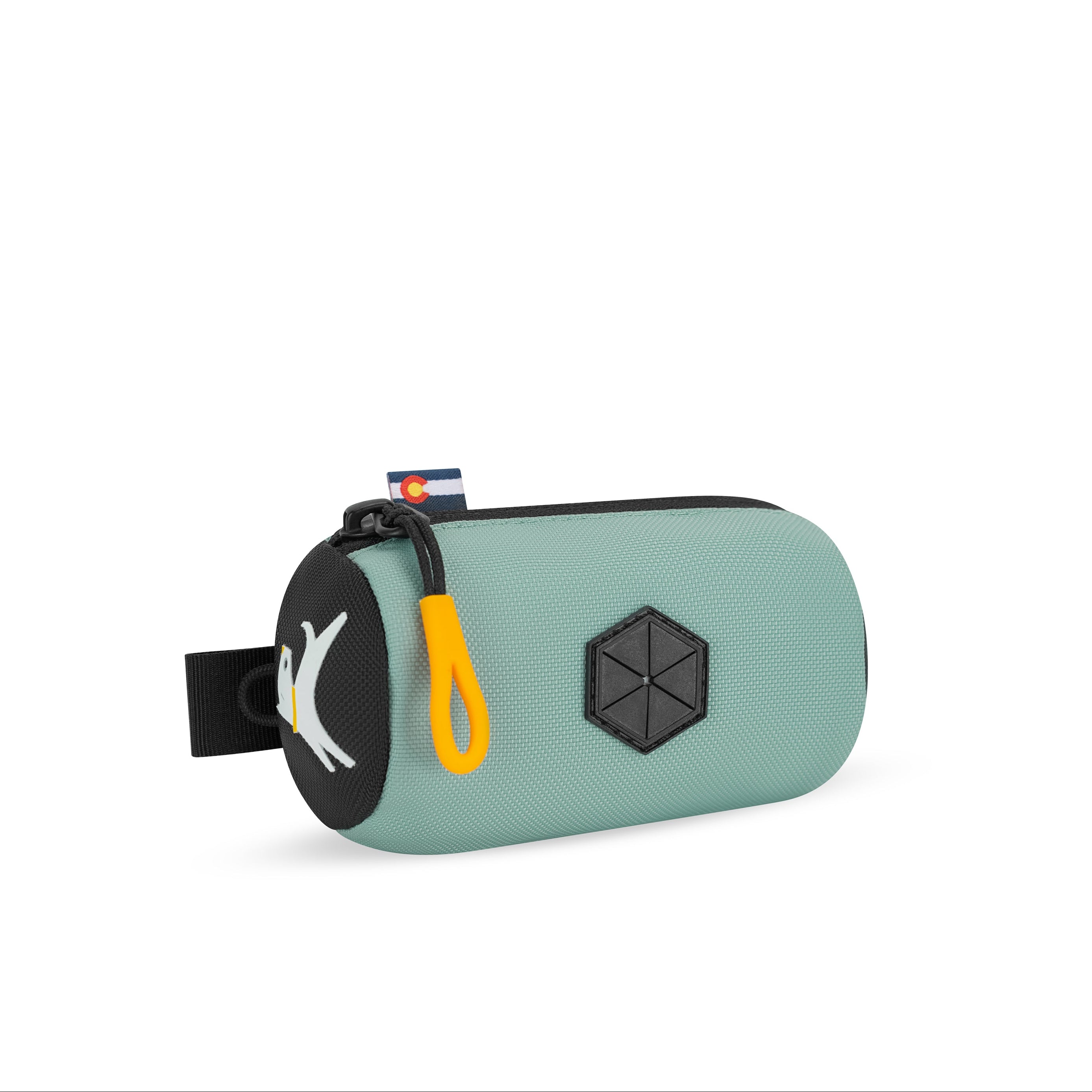 Side-angle view of the OllyDog Scoop Pick Up Bag in surf blue color, showcasing the 100% recycled polyester material, zippered closure, and integrated waste bag dispenser. #color_surf