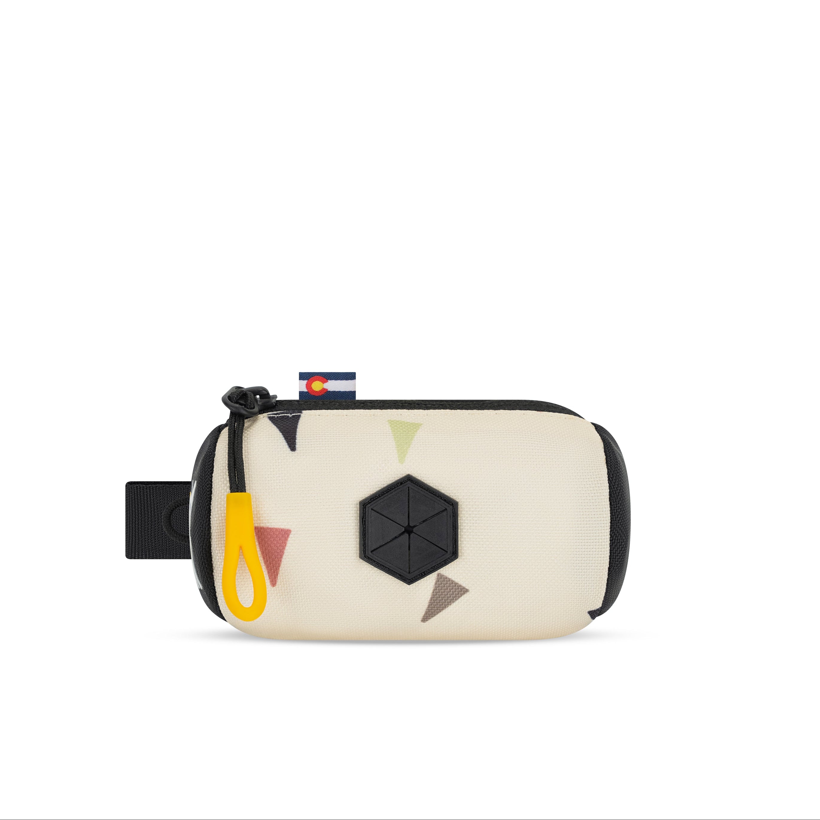 Front view of the OllyDog Scoop Pick Up Bag in terrazzo print color, showcasing the 100% recycled polyester design, zippered closure, and integrated waste bag dispenser. #color_terrazzo