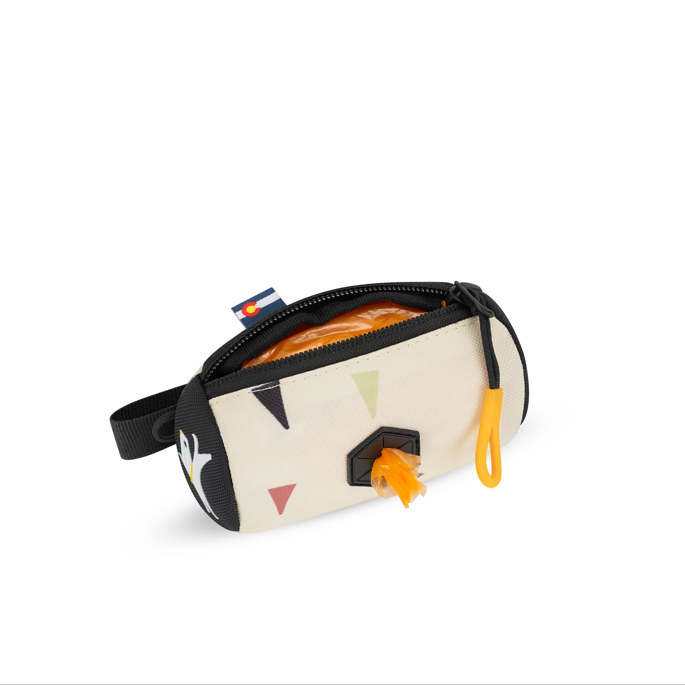 Top-down interior view of the OllyDog Scoop Pick Up Bag in terrazzo print color, showing the open zippered compartment and waste bags inside. #color_terrazzo