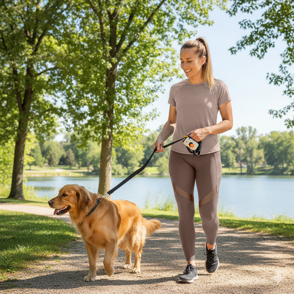Lifestyle shot of a woman walking a golden retriever along a scenic lakeside trail, using the OllyDog Scoop Pick Up Bag in terrazzo print color attached to the leash. #color_terrazzo