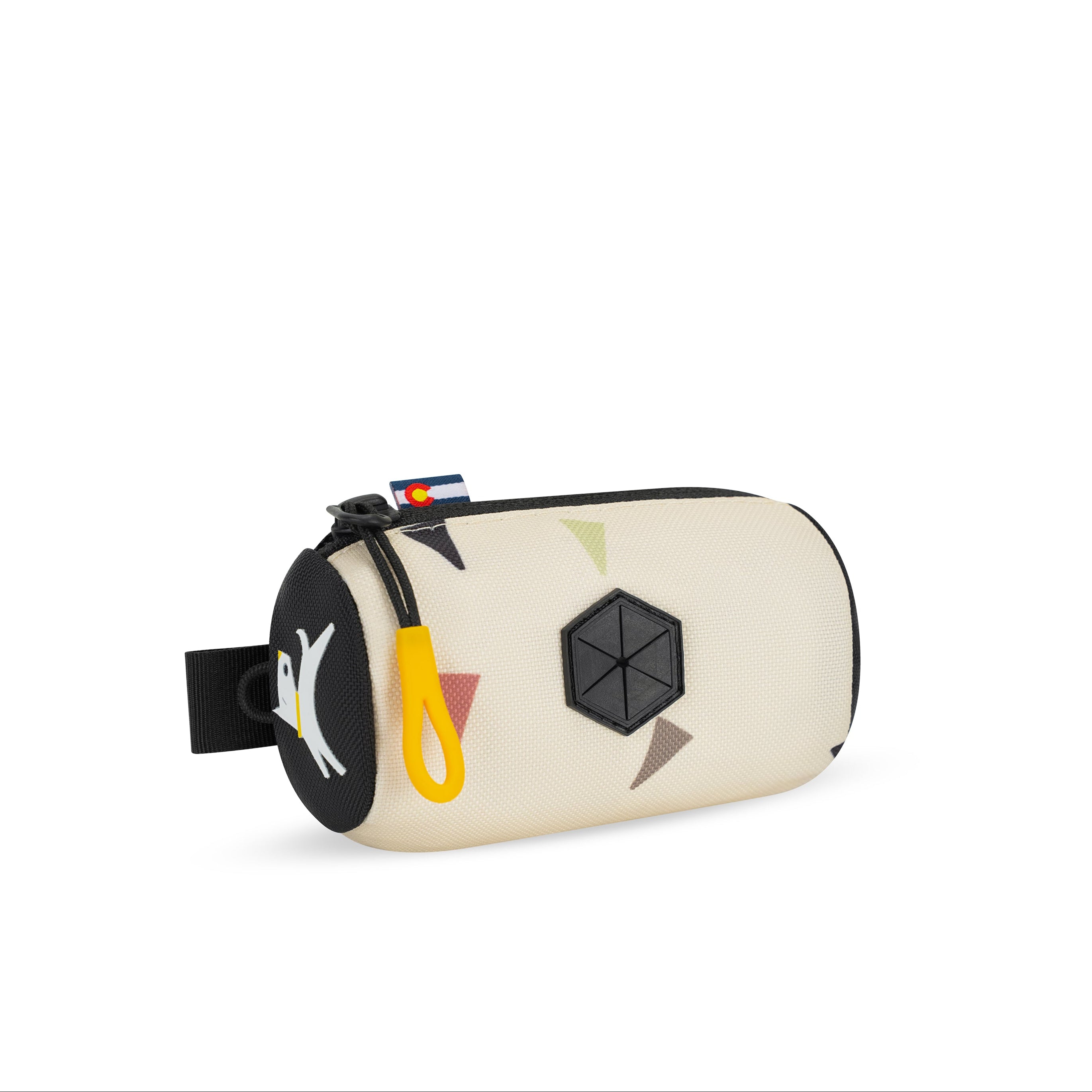 Side-angle view of the OllyDog Scoop Pick Up Bag in terrazzo print color, showcasing the 100% recycled polyester material, zippered closure, and integrated waste bag dispenser. #color_terrazzo