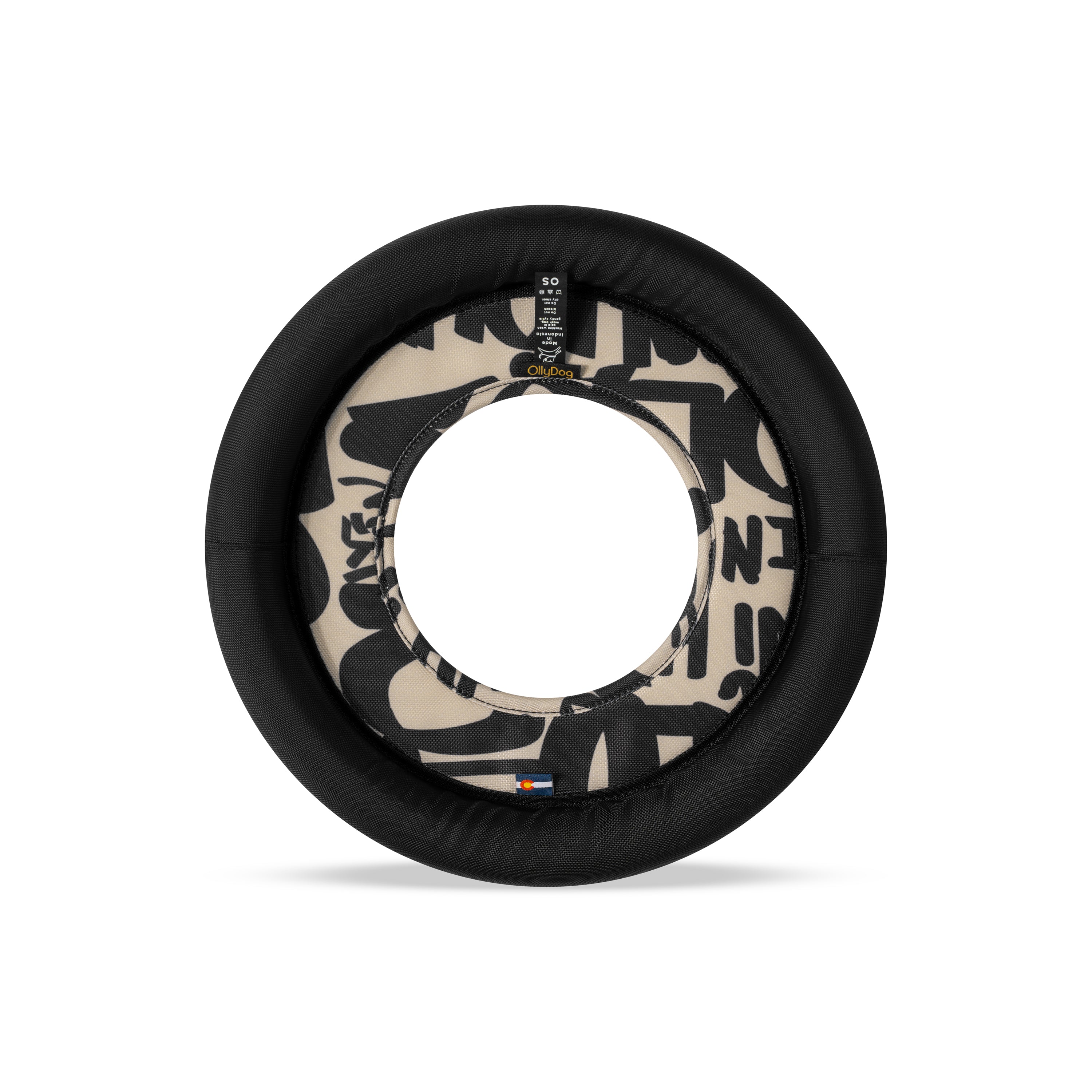 Back view of the OllyDog Super Flyer dog flying disc in ciao typographic print color, highlighting the durable recycled polyester construction and branding details. #color_ciao