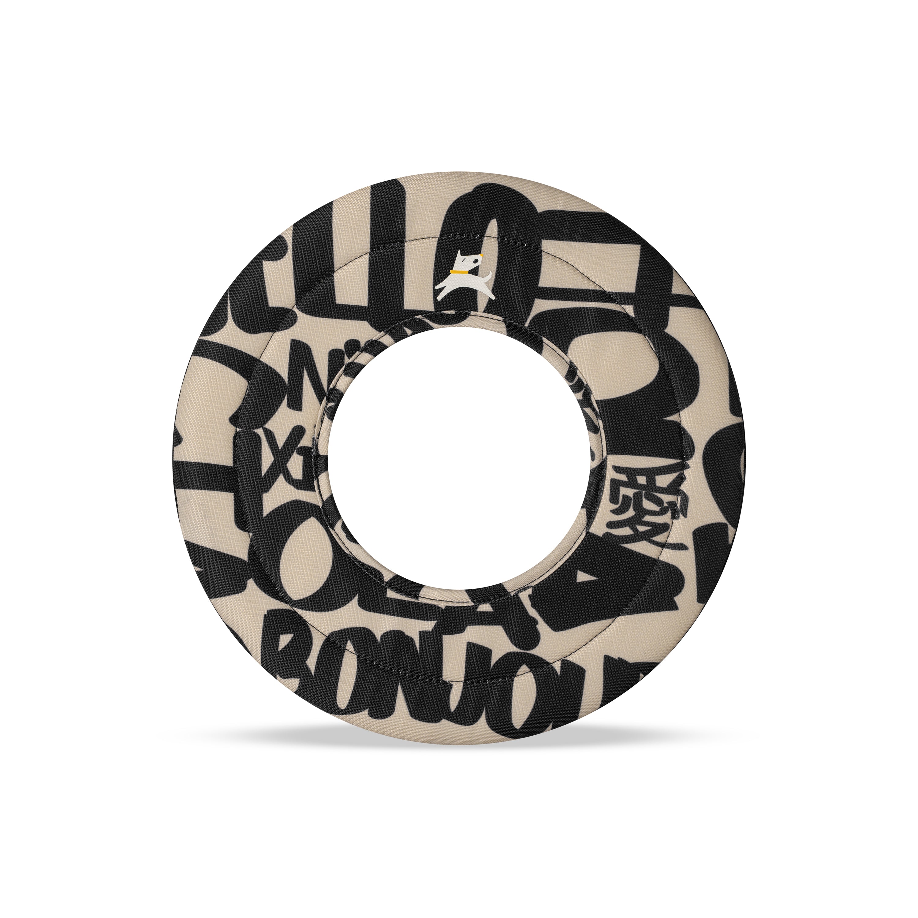Front view of the OllyDog Super Flyer dog flying disc in ciao typographic print color, showcasing the lightweight, water-compatible, and easy-to-grab recycled polyester design. #color_ciao