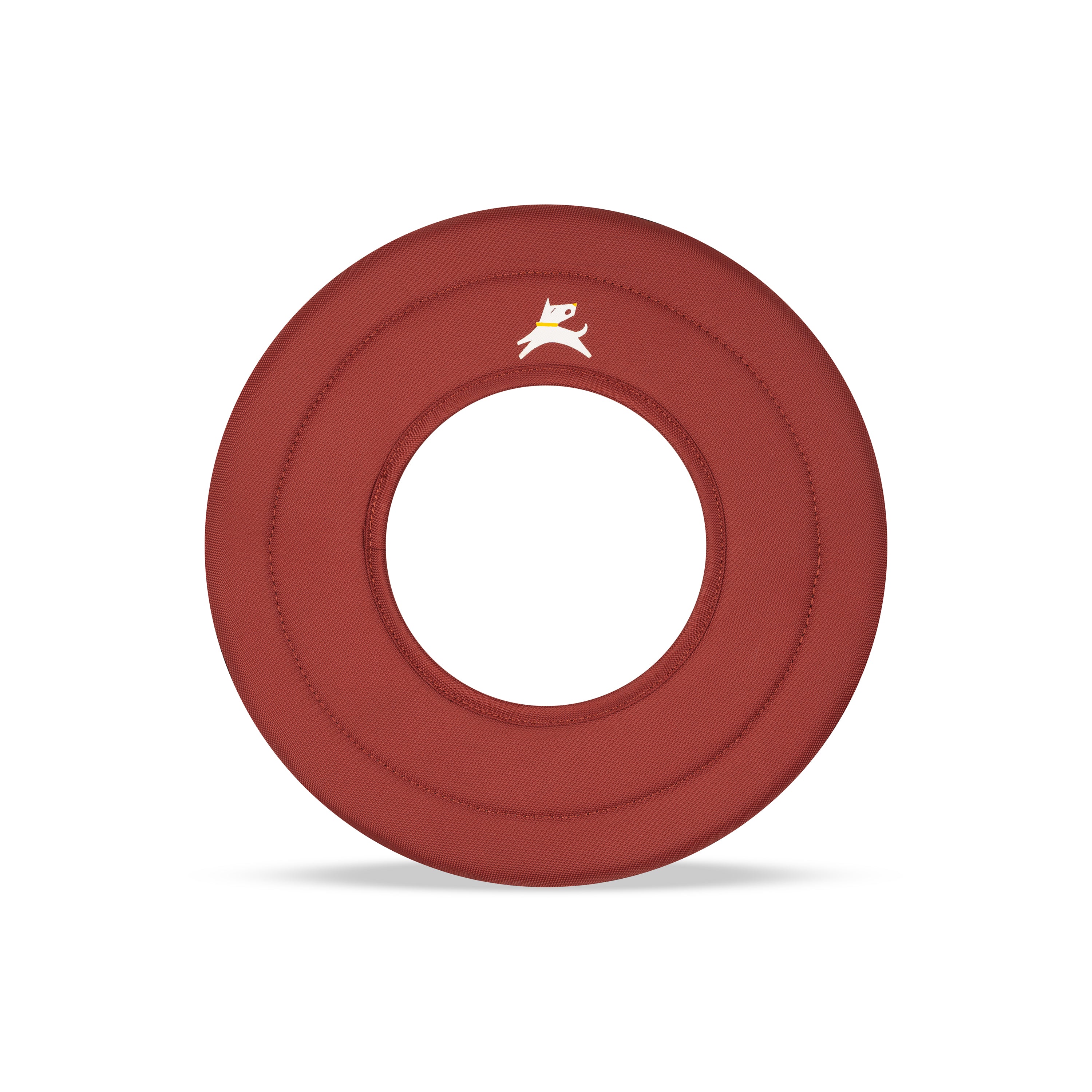 Front view of the OllyDog Super Flyer dog flying disc in cider red color, showcasing the lightweight, water-compatible, and easy-to-grab recycled polyester design.#color_cider