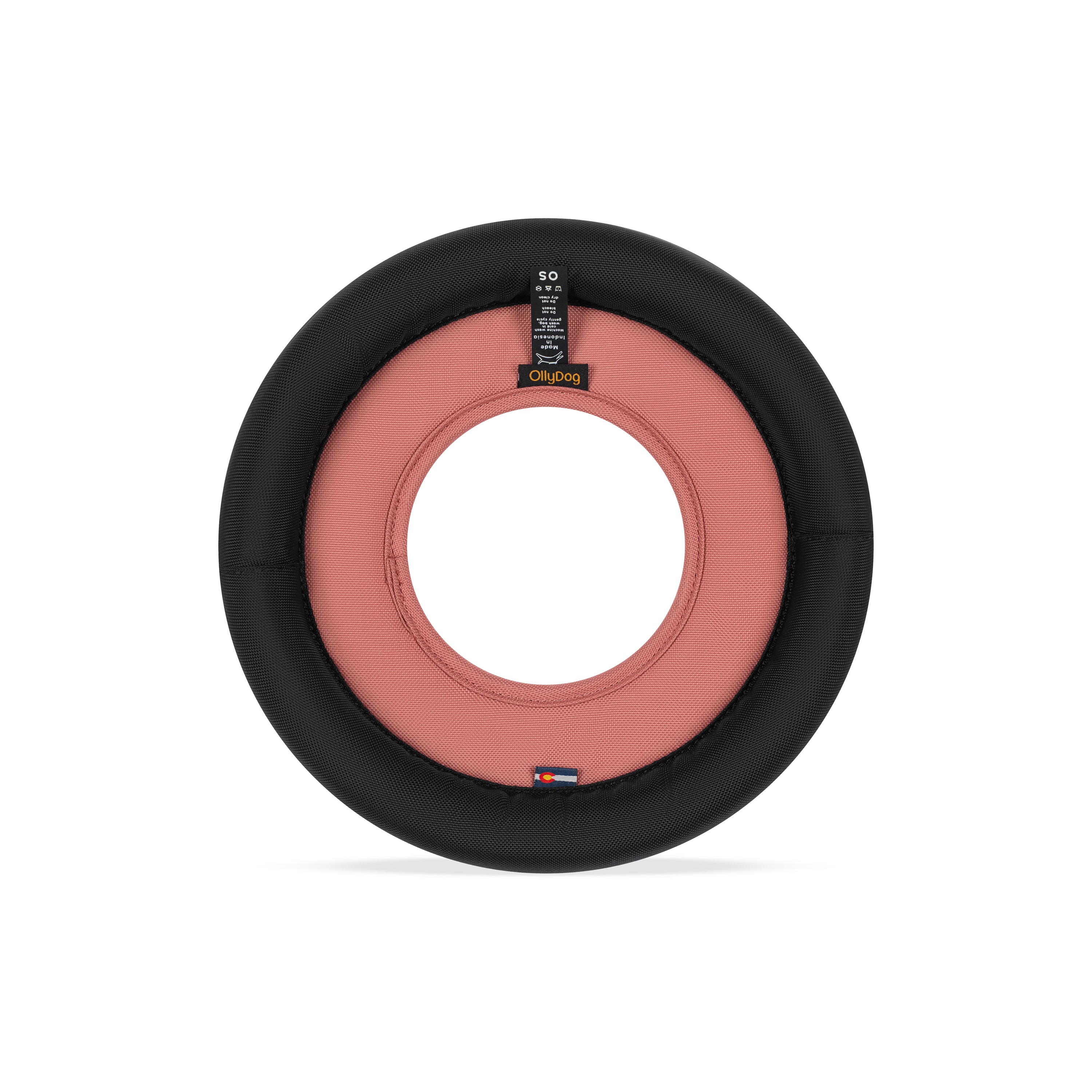 Back view of the OllyDog Super Flyer dog flying disc in desert color, highlighting the durable recycled polyester construction and branding details.#color_desert