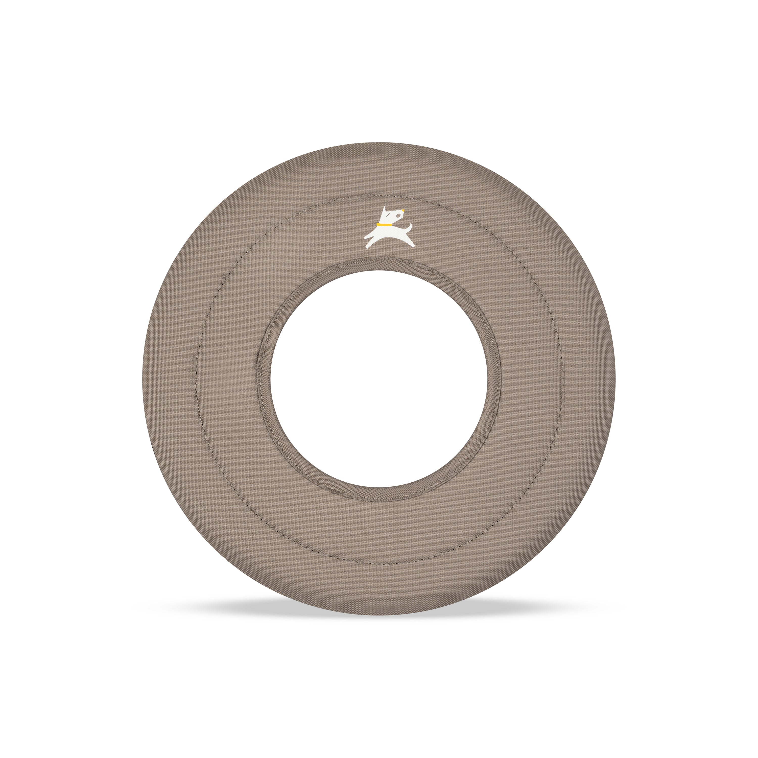 Front view of the OllyDog Super Flyer dog flying disc in dune tan color, showcasing the lightweight, water-compatible, and easy-to-grab recycled polyester design. #color_dune