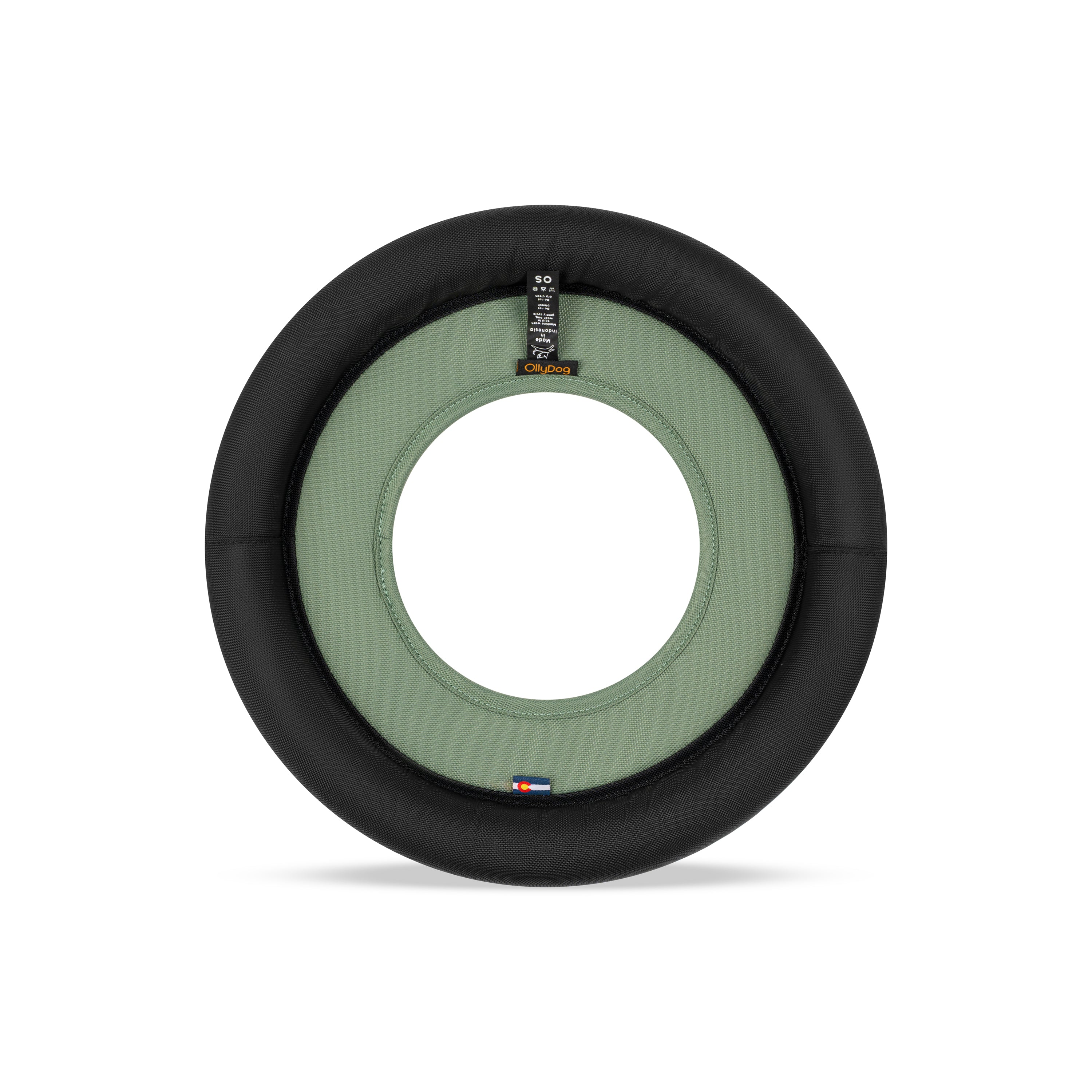 Back view of the OllyDog Super Flyer dog flying disc in olivine green color, highlighting the durable recycled polyester construction and branding details. #color_olivine