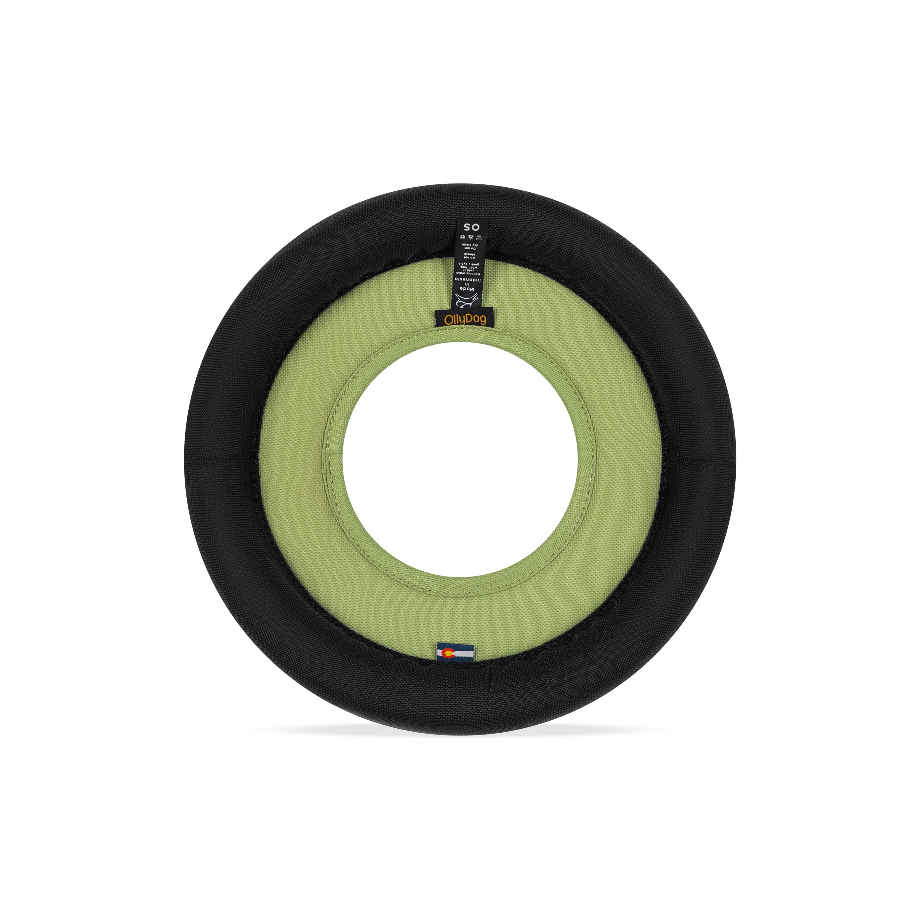 Back view of the OllyDog Super Flyer dog flying disc in palm color, highlighting the durable recycled polyester construction and branding details.#color_palm