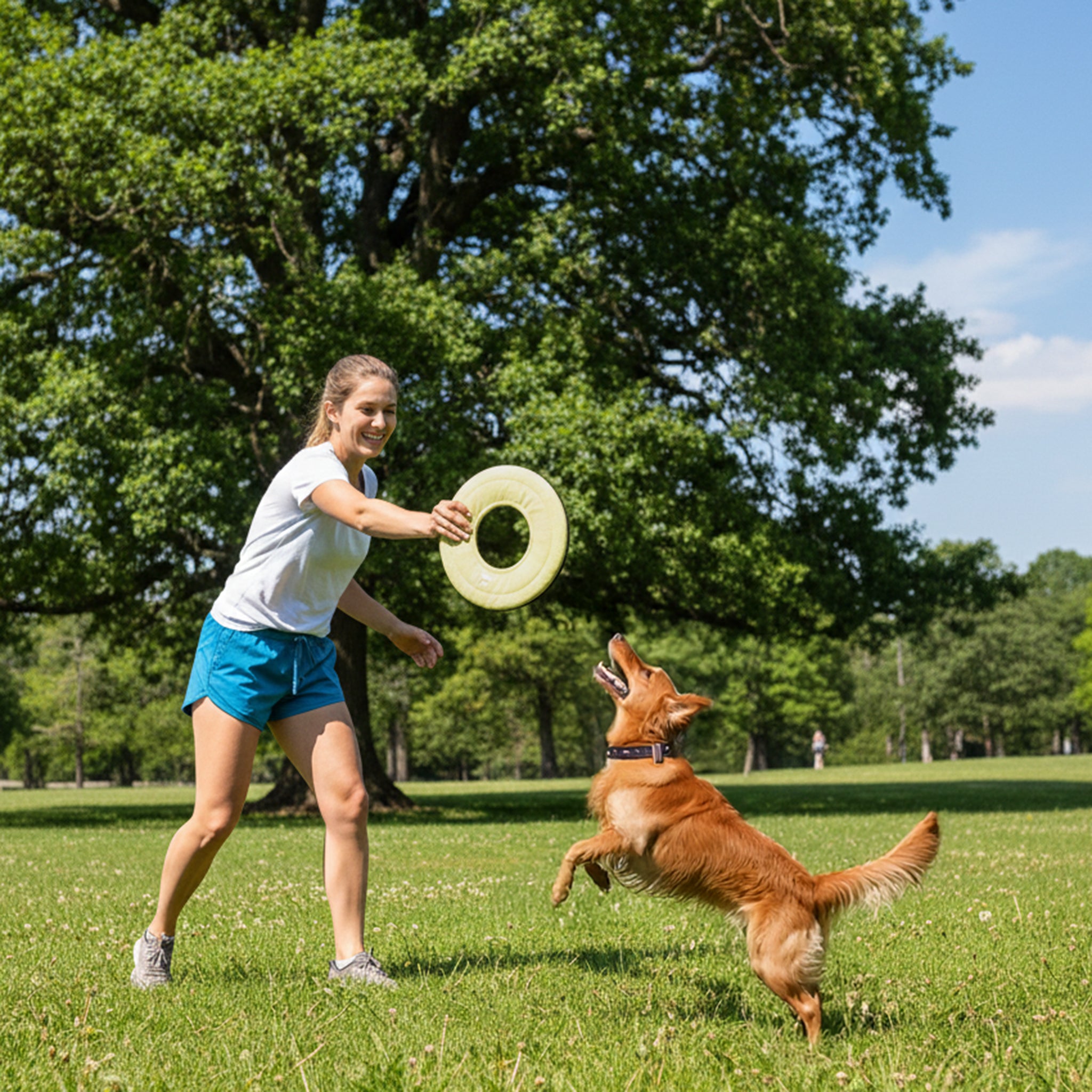 Action lifestyle shot of a woman playing fetch with a brown dog on a green lawn in a park, using the OllyDog Super Flyer dog flying disc in sol yellow color.#color_sol