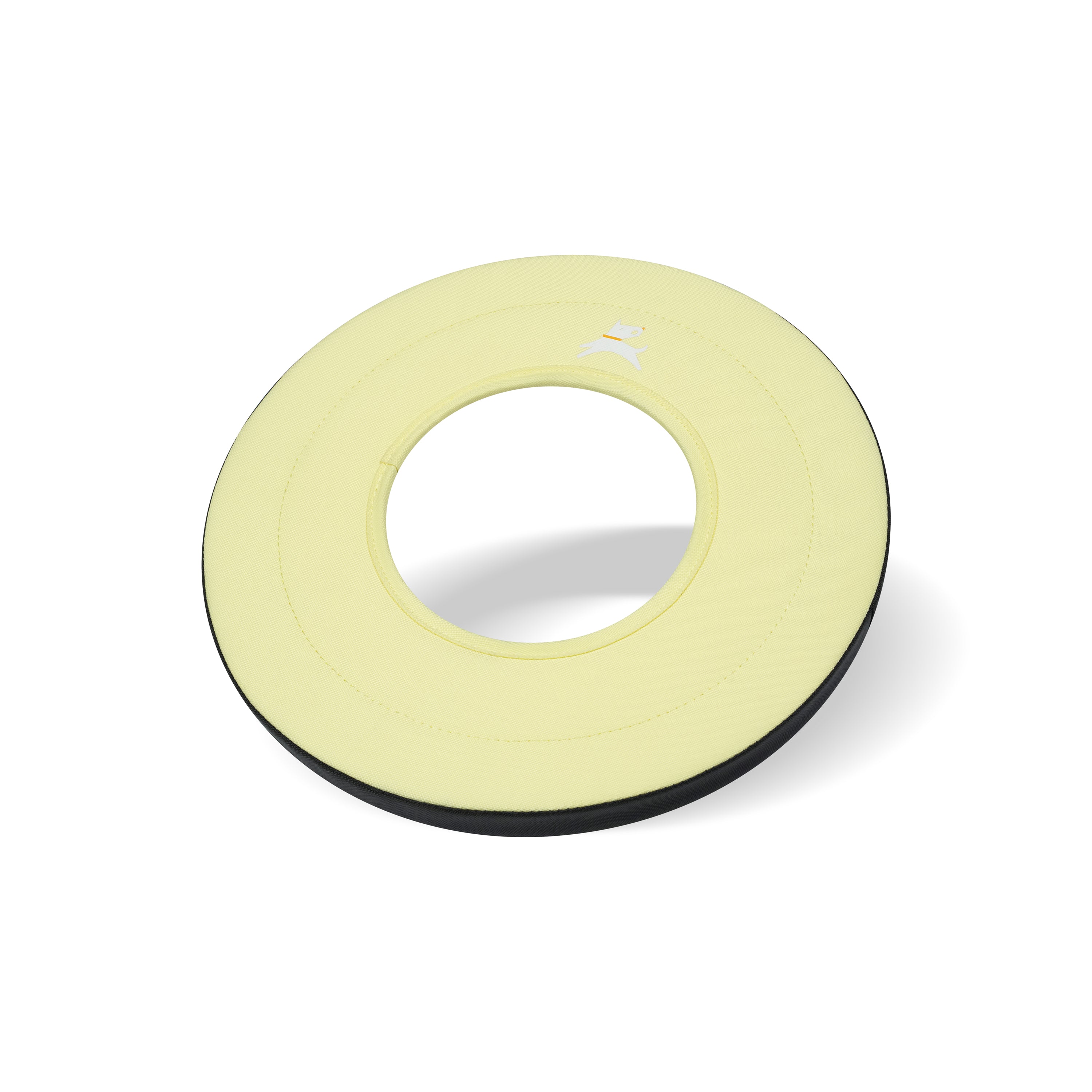 Side-angle view of the OllyDog Super Flyer dog flying disc in sol color, highlighting its lightweight, easy-to-grab, and water-compatible recycled polyester design.#color_sol