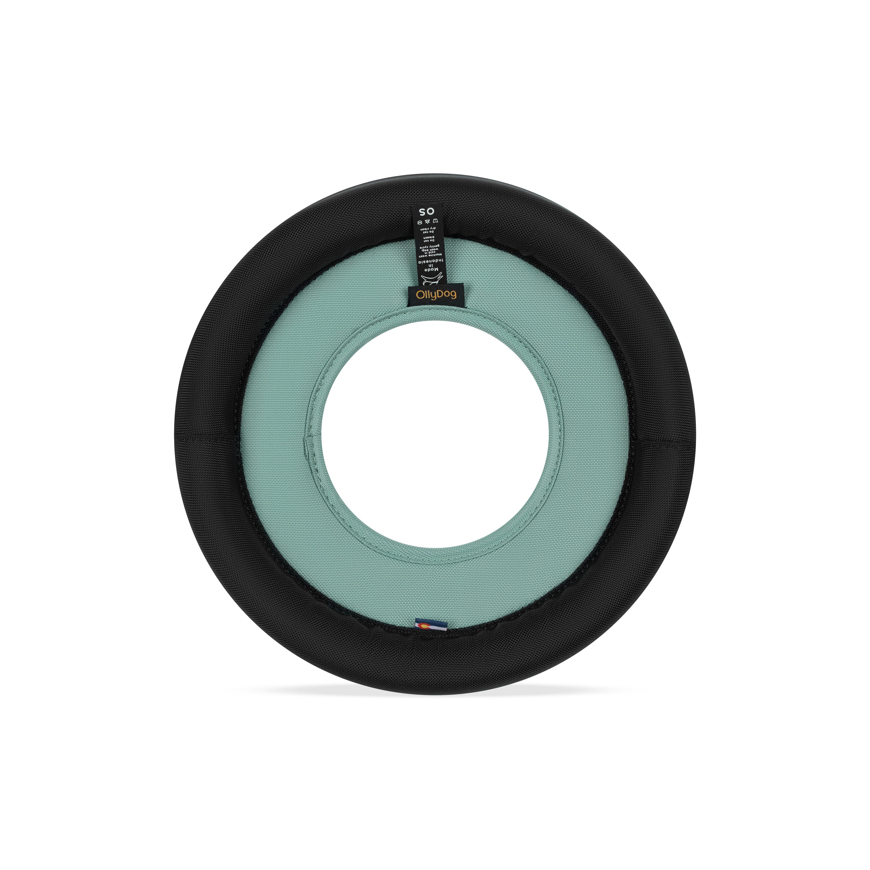 Back view of the OllyDog Super Flyer dog flying disc in surf color, highlighting the durable recycled polyester construction and branding details.#color_surf