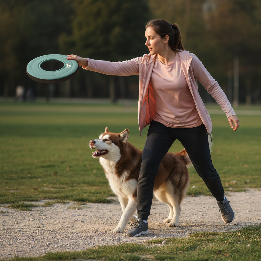 Lifestyle shot of a woman in a pink top and dark pants throwing the OllyDog Super Flyer dog flying disc in surf blue color, with an excited brown and white husky mix waiting on a green park lawn.#color_surf