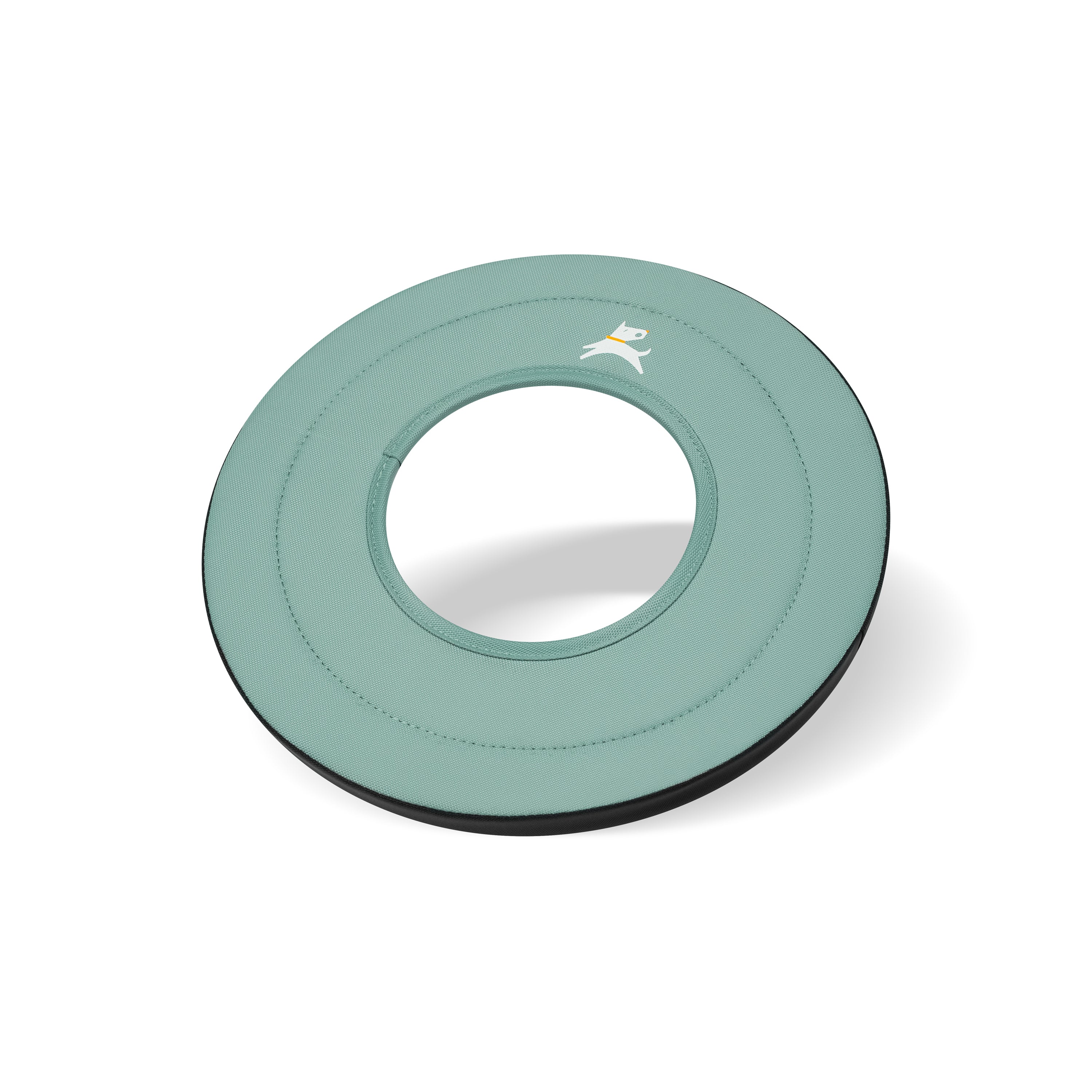 Side-angle view of the OllyDog Super Flyer dog flying disc in surf color, highlighting its lightweight, easy-to-grab, and water-compatible recycled polyester design.#color_surf