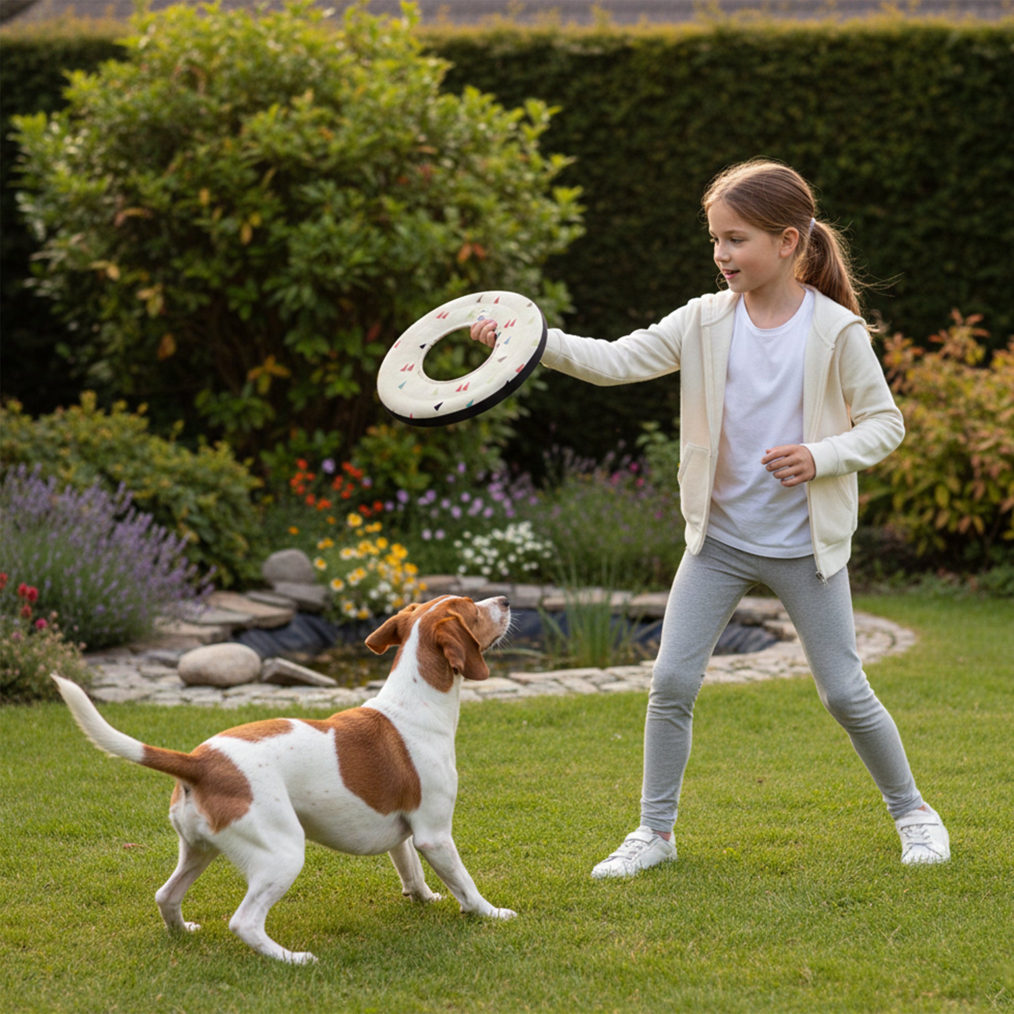 Lifestyle shot of a young girl in a cream hoodie playing fetch with a beagle in a garden, holding the OllyDog Super Flyer dog flying disc in terrazzo print color.#color_terrazzo