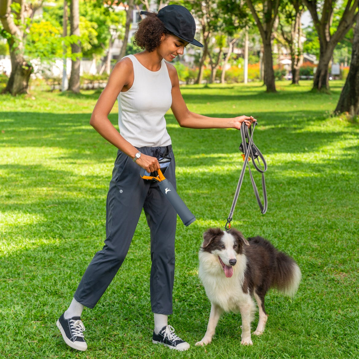 Lifestyle shot of a woman walking with a border collie on a green park lawn, holding a leash and the OllyDog Tugger dog toy in castle rock grey color. #color_castle rock