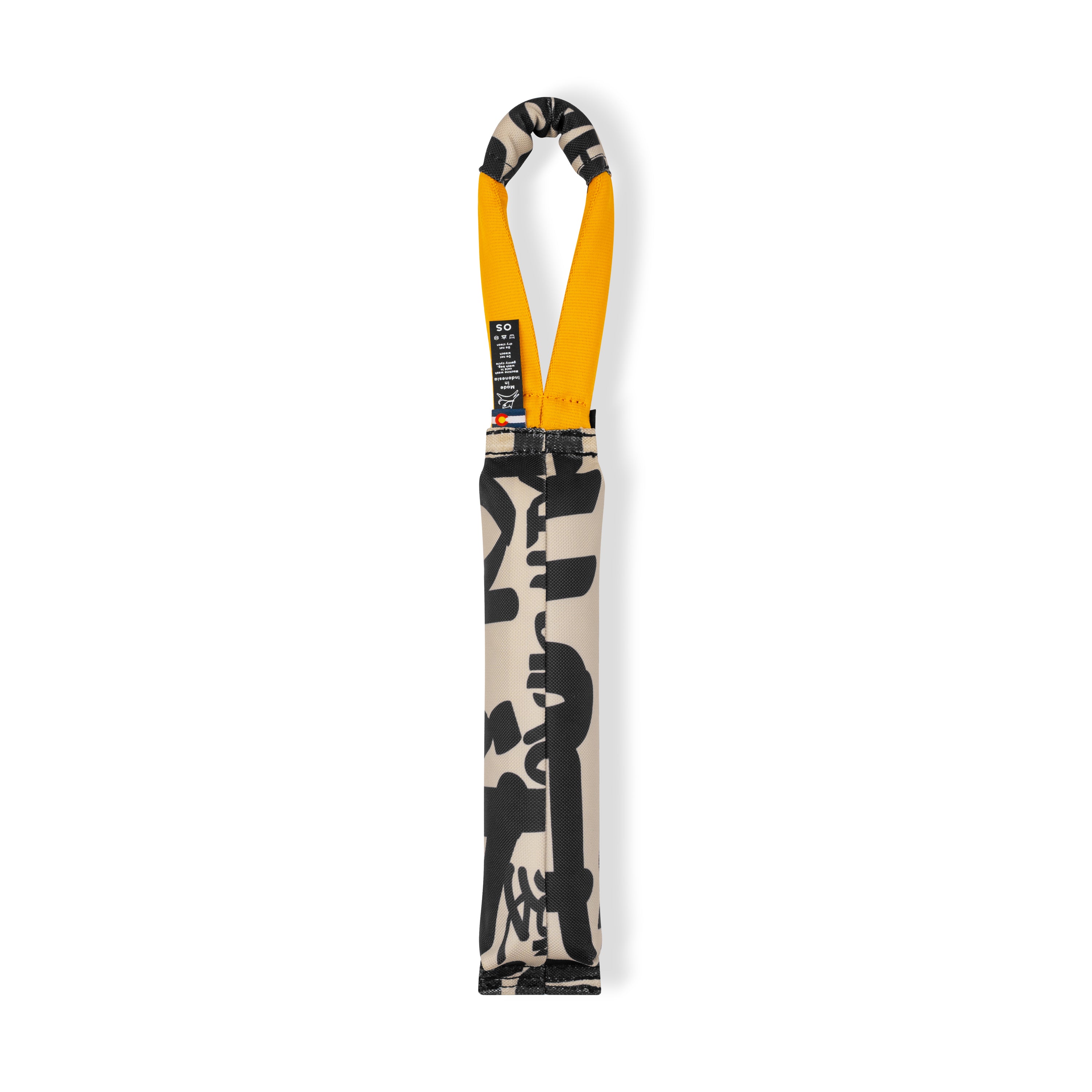 Back view of the OllyDog Tugger dog toy in ciao typographic print color with a sturdy yellow handle, highlighting the durable recycled polyester construction and branding details.#color_ciao
