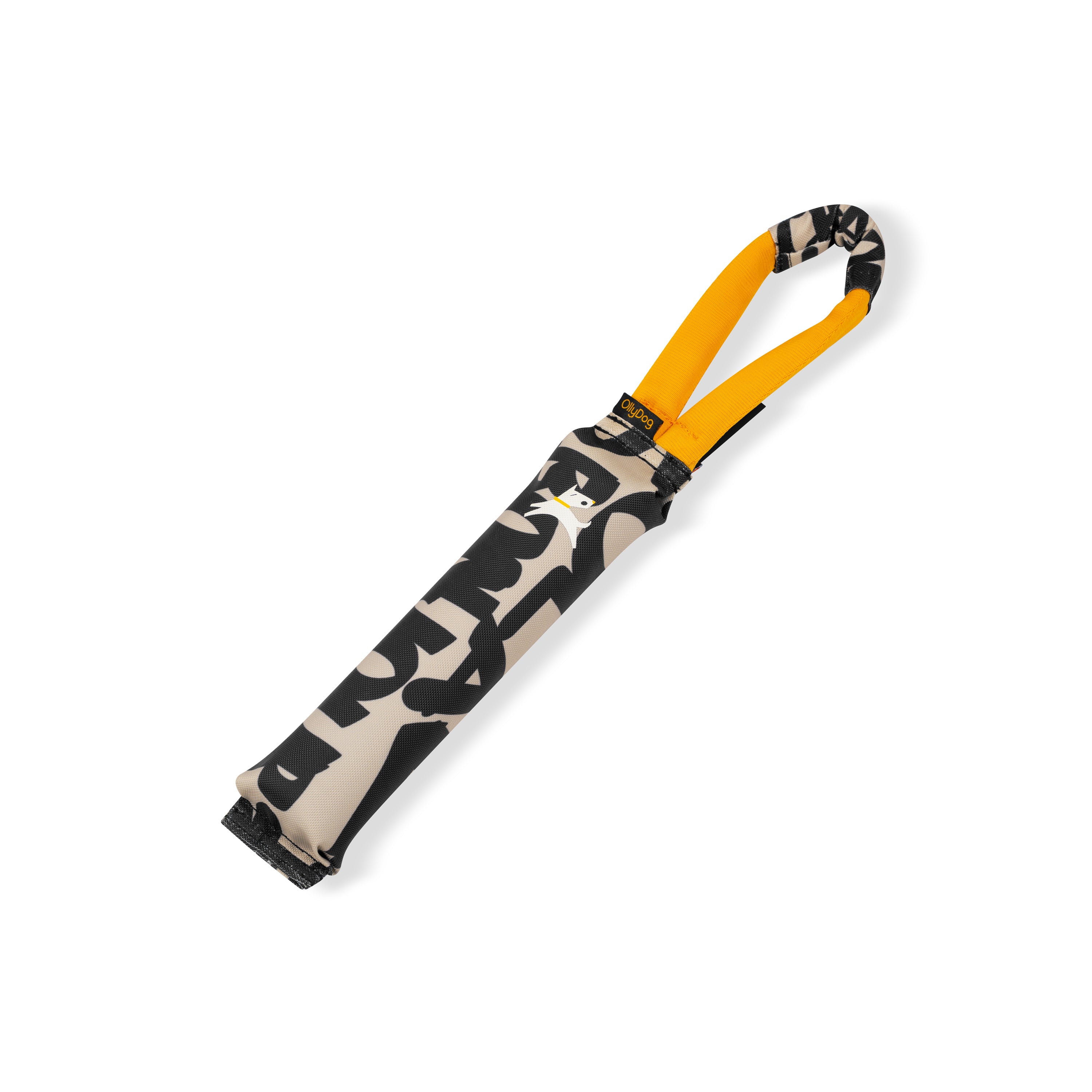 Front view of the OllyDog Tugger dog toy in ciao typographic print color with a sturdy yellow handle, showcasing the lightweight, durable, and water-compatible recycled polyester design.#color_ciao