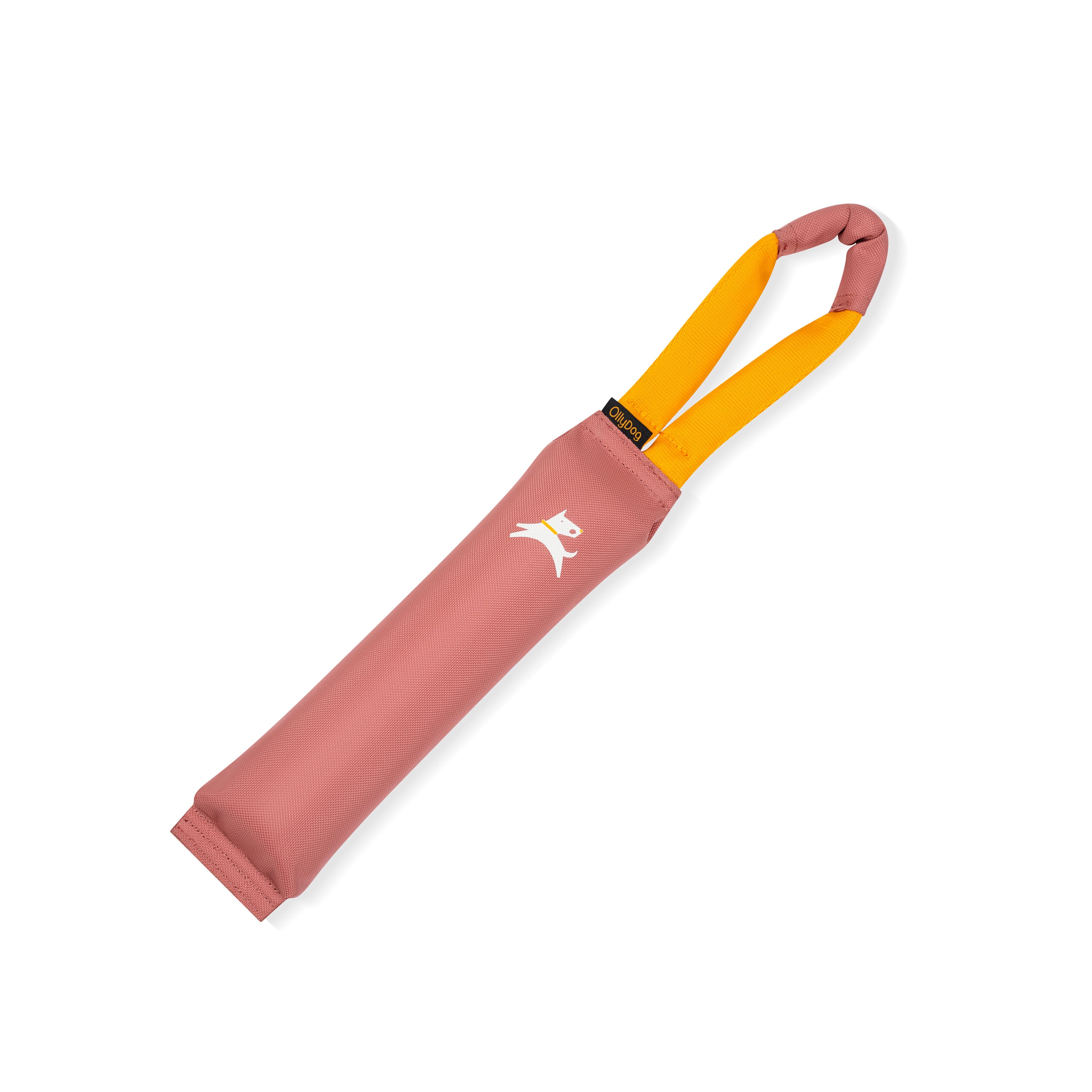 Front view of the OllyDog Tugger dog toy in desert color with a sturdy yellow handle, showcasing the lightweight, durable, and water-compatible recycled polyester design.#color_desert