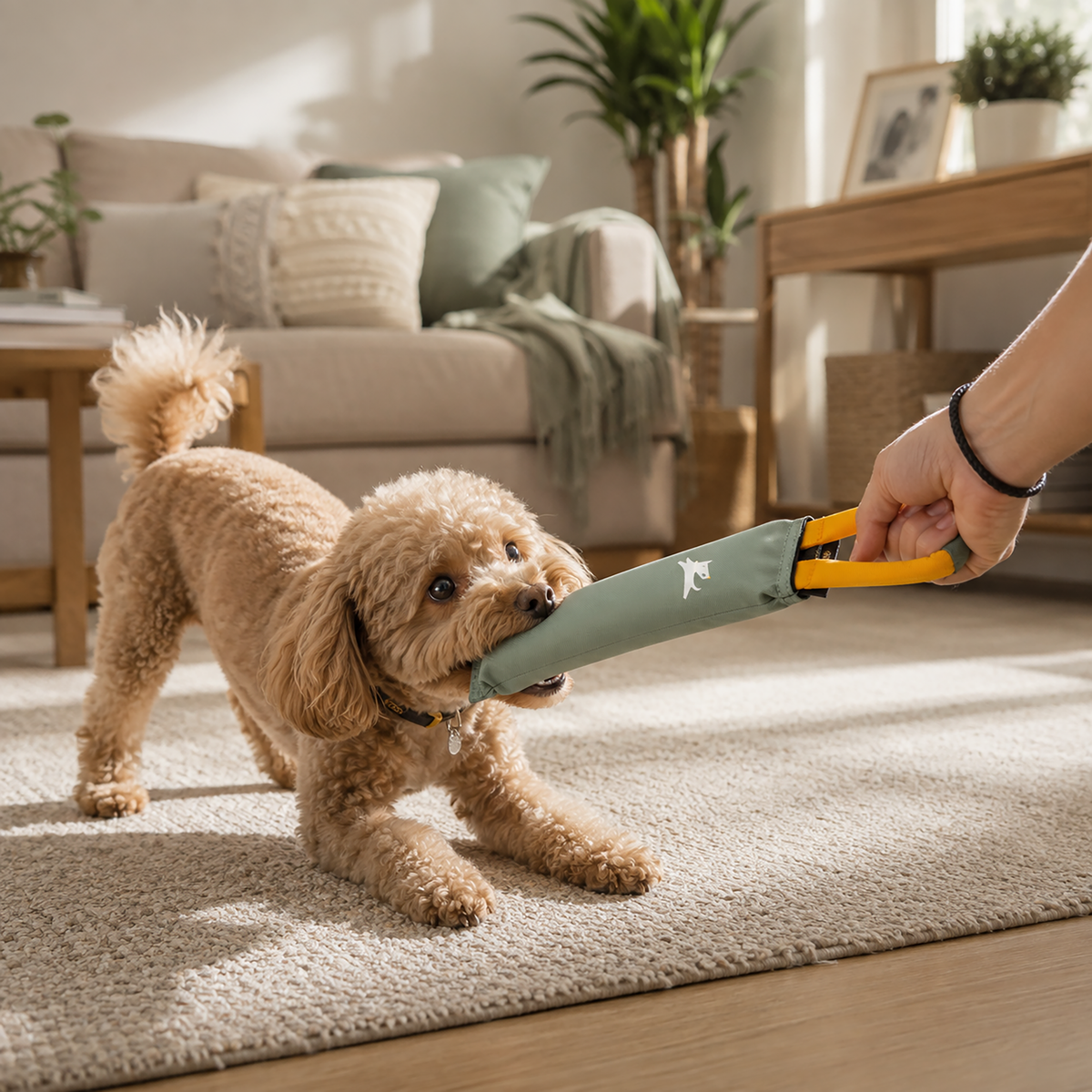 Lifestyle photo of a cute poodle dog playing and tugging the OllyDog Tugger dog toy in Olivine color with a person inside a cozy living room. #color_olivine
