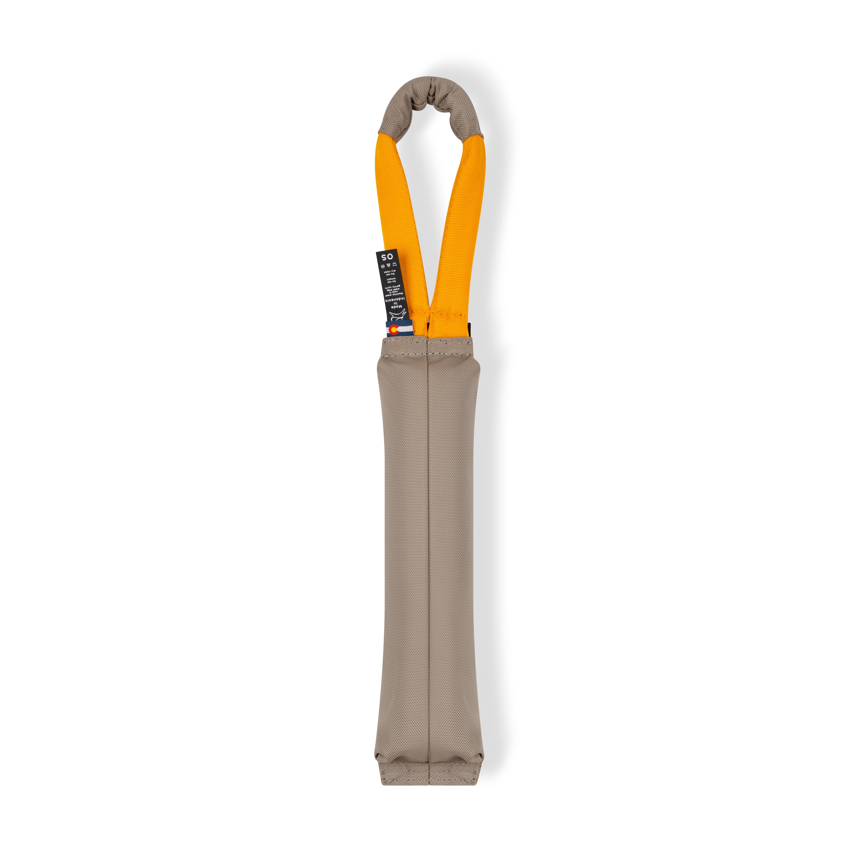 Back view of the OllyDog Tugger dog toy in dune tan color with a sturdy yellow handle, highlighting the durable recycled polyester construction and branding details.#color_dune