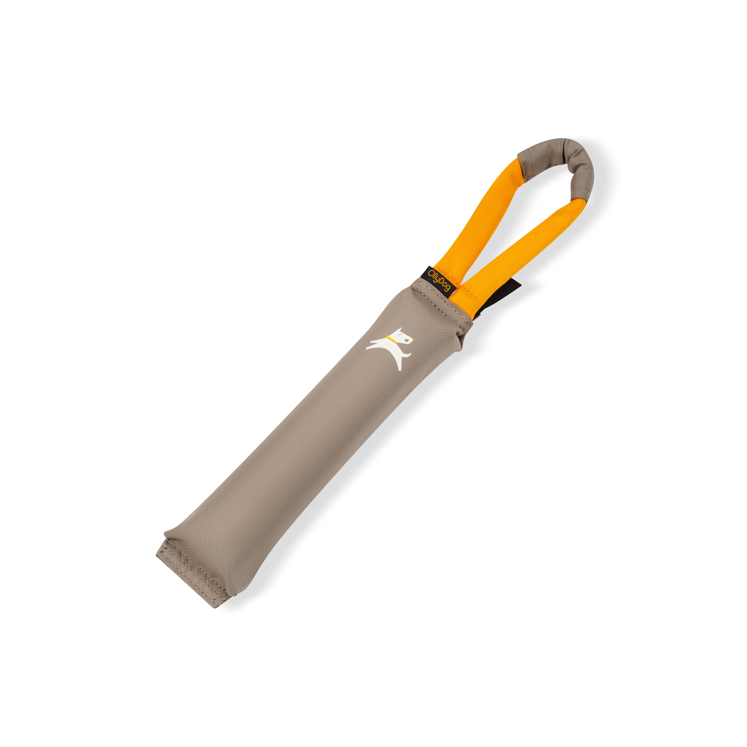 Front view of the OllyDog Tugger dog toy in dune tan color with a sturdy yellow handle, showcasing the lightweight, durable, and water-compatible recycled polyester design.#color_dune