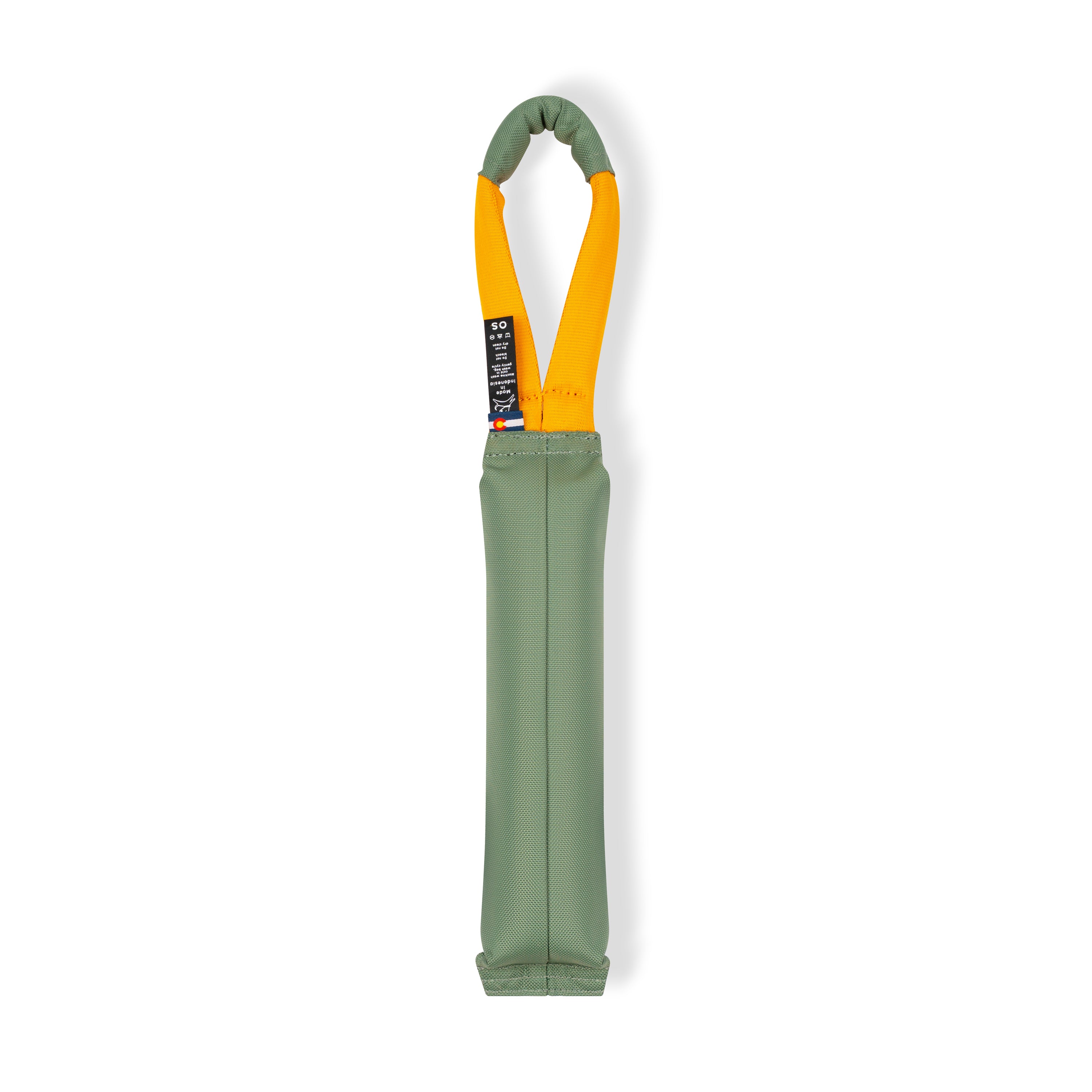 Back view of the OllyDog Tugger dog toy in olivine green color with a sturdy yellow handle, highlighting the durable recycled polyester construction and branding details.#color_olivine
