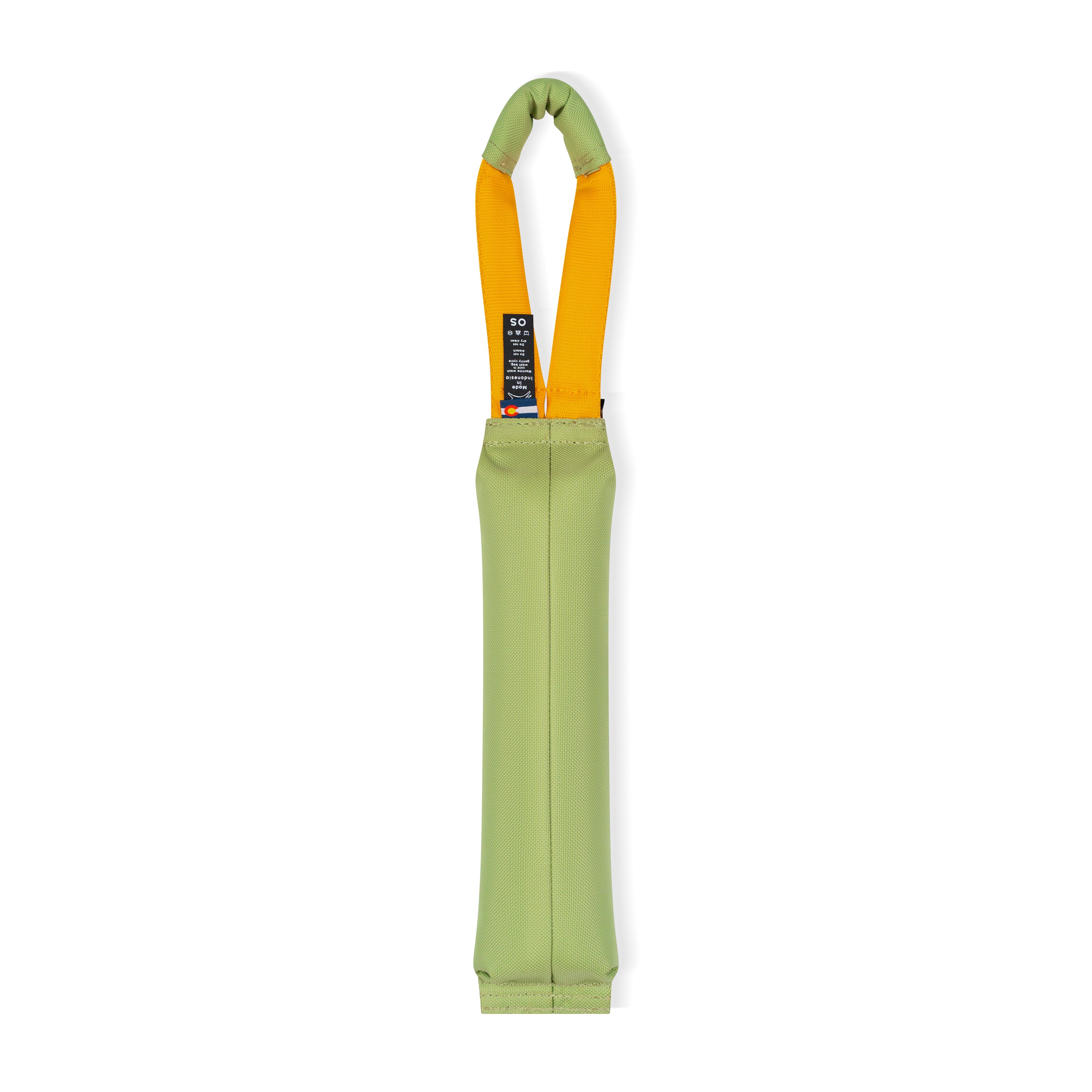 Back view of the OllyDog Tugger dog toy in palm color with a sturdy yellow handle, highlighting the durable recycled polyester construction and branding details.#color_palm