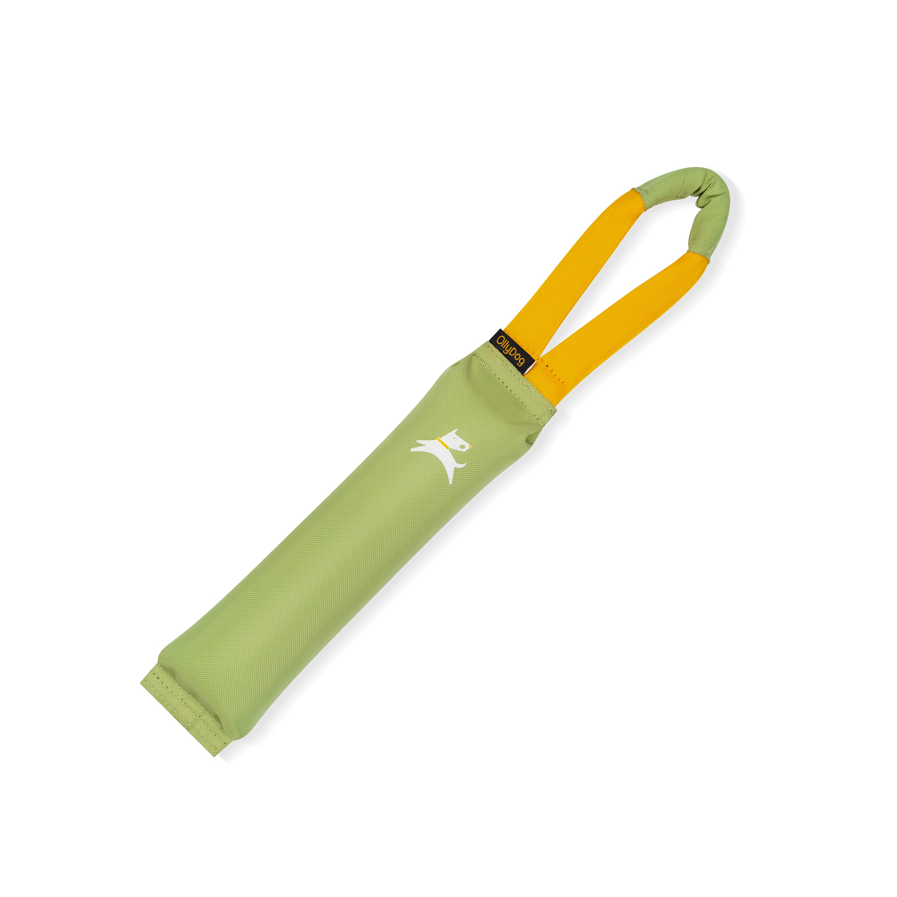 Front view of the OllyDog Tugger dog toy in palm color with a sturdy yellow handle, showcasing the lightweight, durable, and water-compatible recycled polyester design.#color_palm