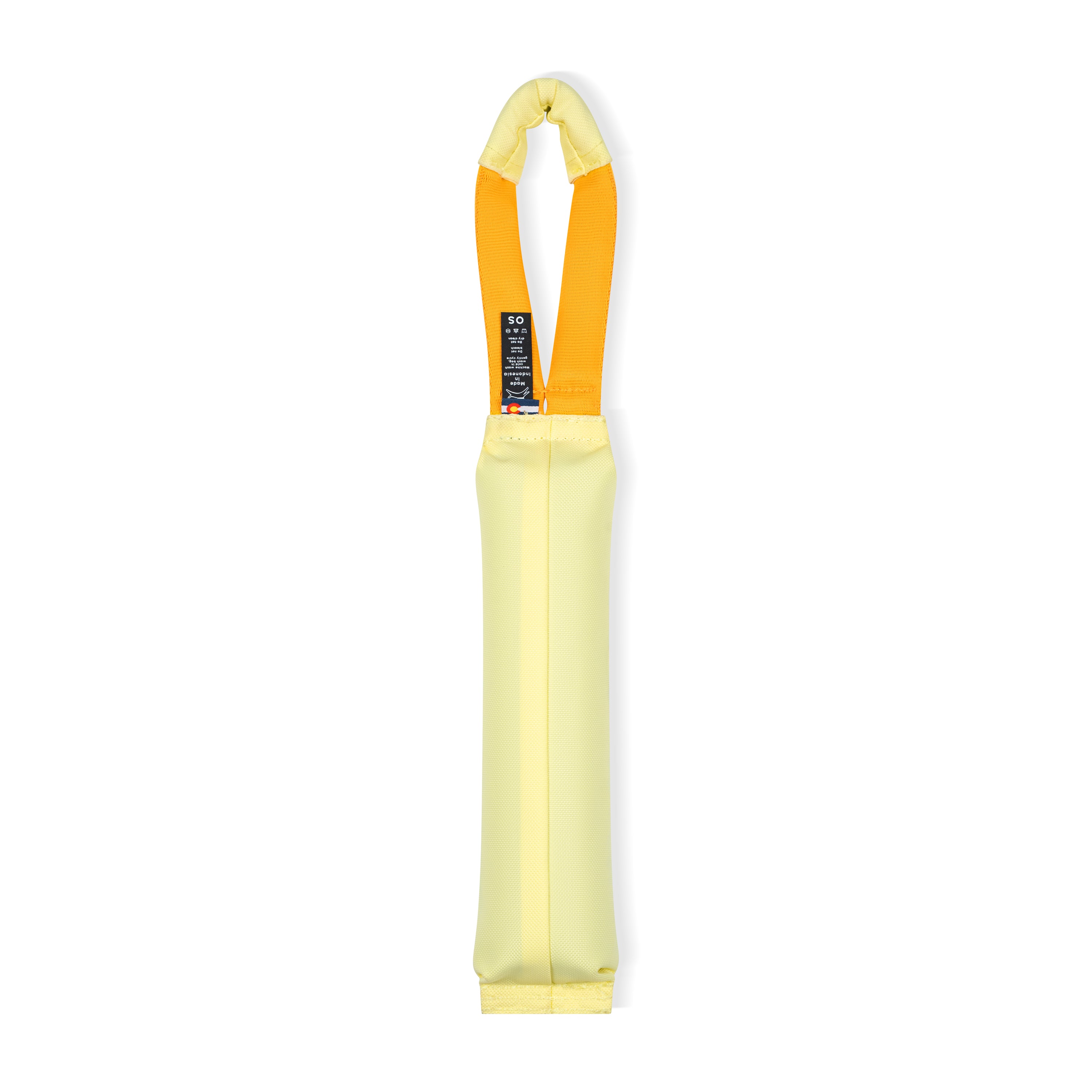 Back view of the OllyDog Tugger dog toy in sol color with a sturdy yellow handle, highlighting the durable recycled polyester construction and branding details.#color_sol