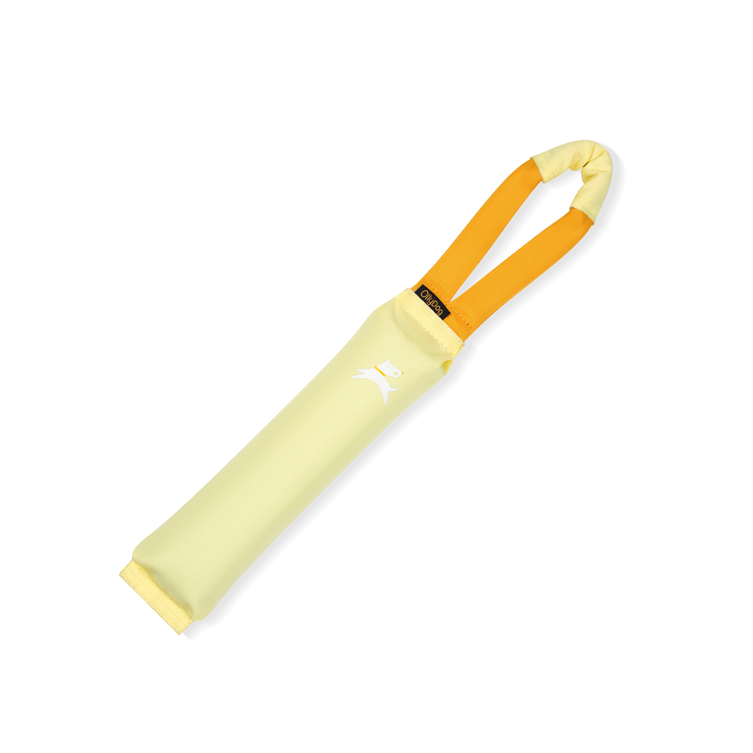 Front view of the OllyDog Tugger dog toy in sol color with a sturdy yellow handle, showcasing the lightweight, durable, and water-compatible recycled polyester design.#color_sol