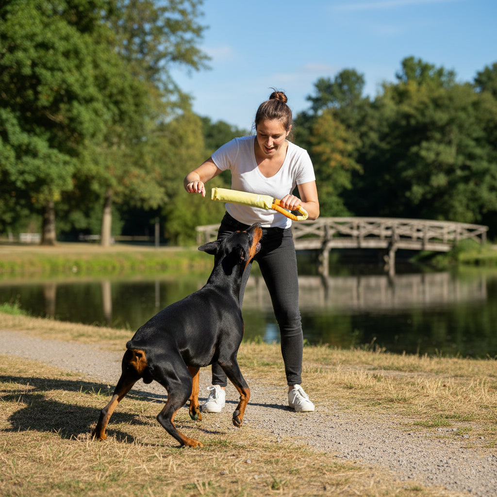 Action lifestyle shot of a woman playing tug-of-war with a Doberman by a park lake, using the OllyDog Tugger dog toy in sol yellow color.#color_sol