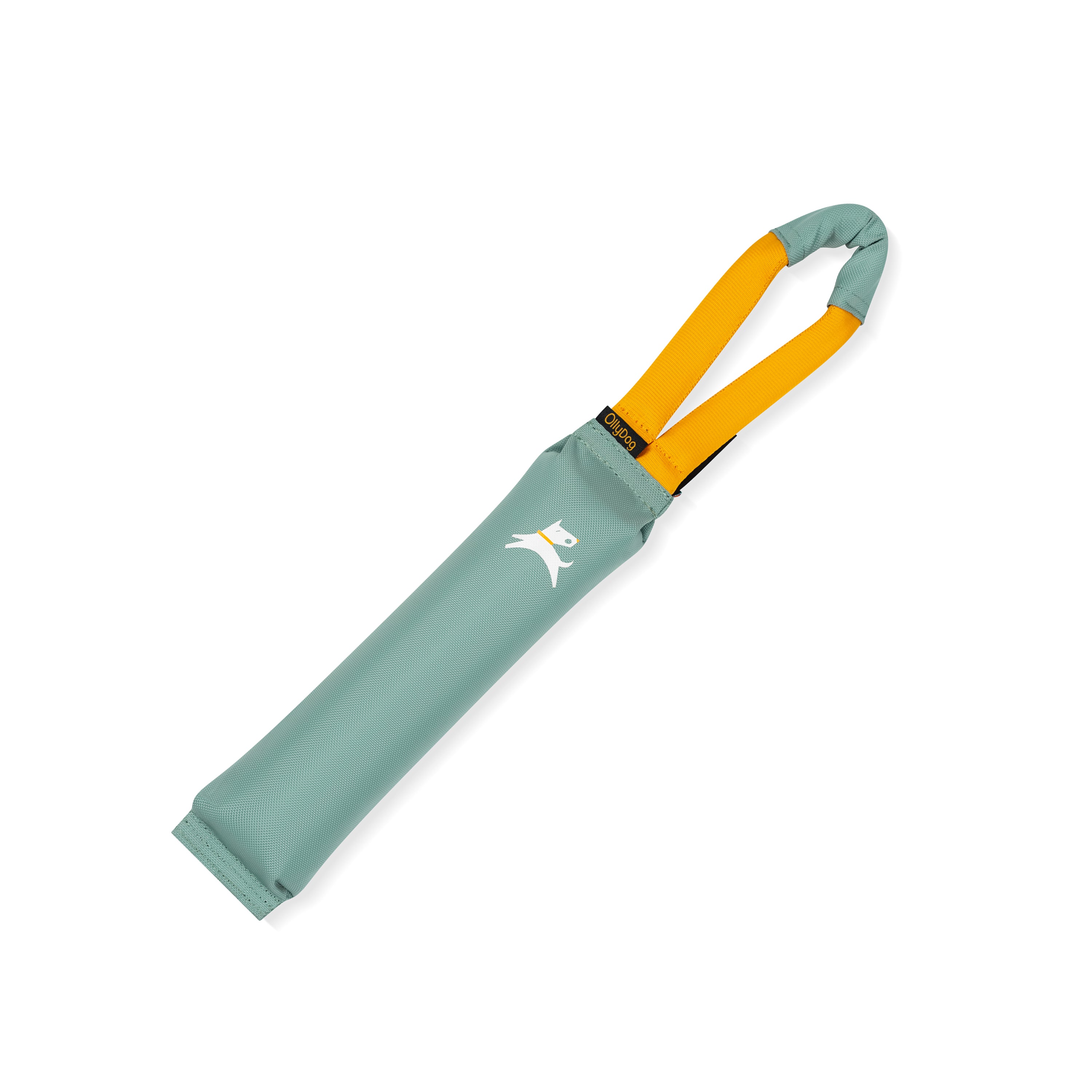 Front view of the OllyDog Tugger dog toy in surf blue color with a sturdy yellow handle, showcasing the lightweight, durable, and water-compatible recycled polyester design.#color_surf