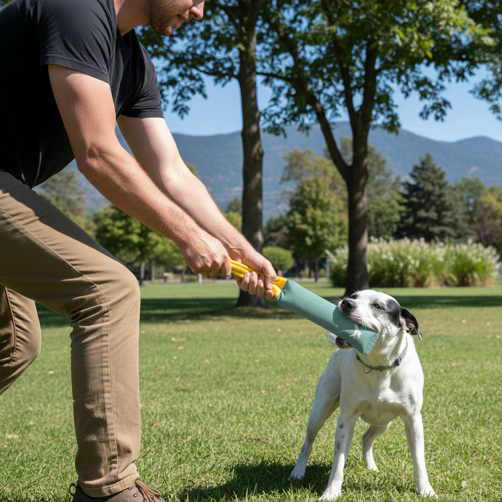 Action lifestyle shot of a man playing a game of tug-of-war with an excited white and black dog on a green lawn in a park, using the OllyDog Tugger dog toy in surf blue color.#color_surf