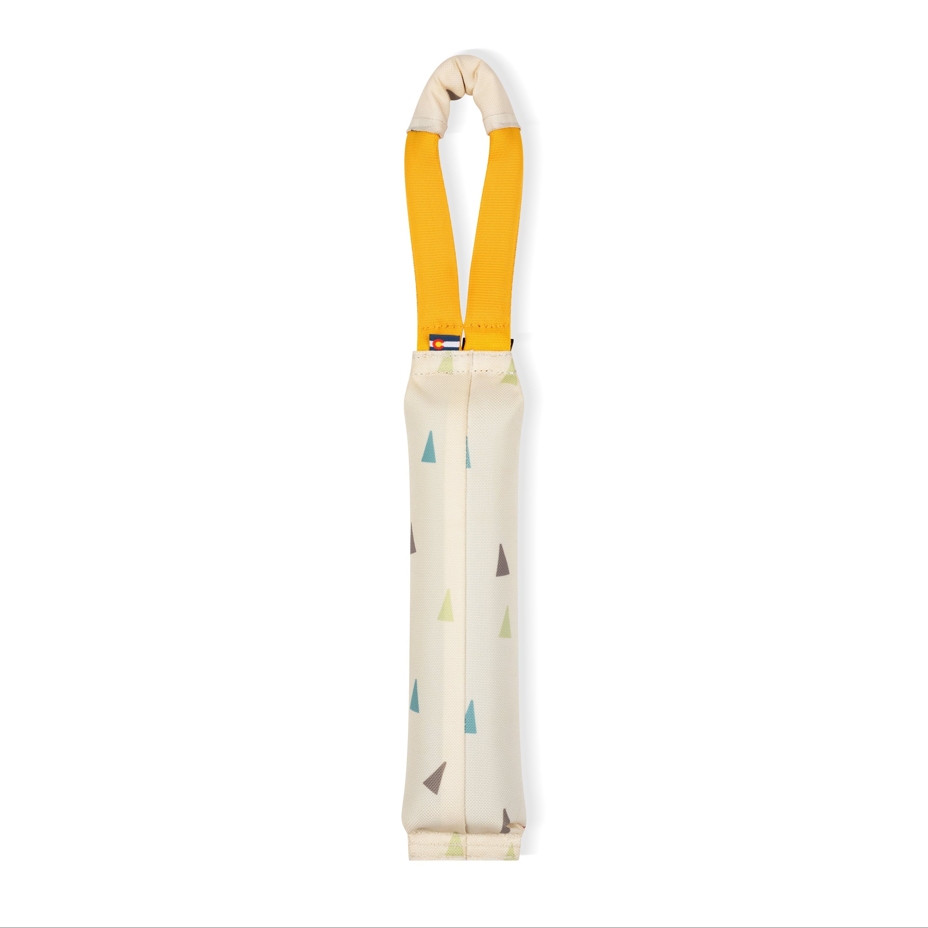 Back view of the OllyDog Tugger dog toy in terrazzo print color with a sturdy yellow handle, highlighting the durable recycled polyester construction and branding details.#color_terrazzo