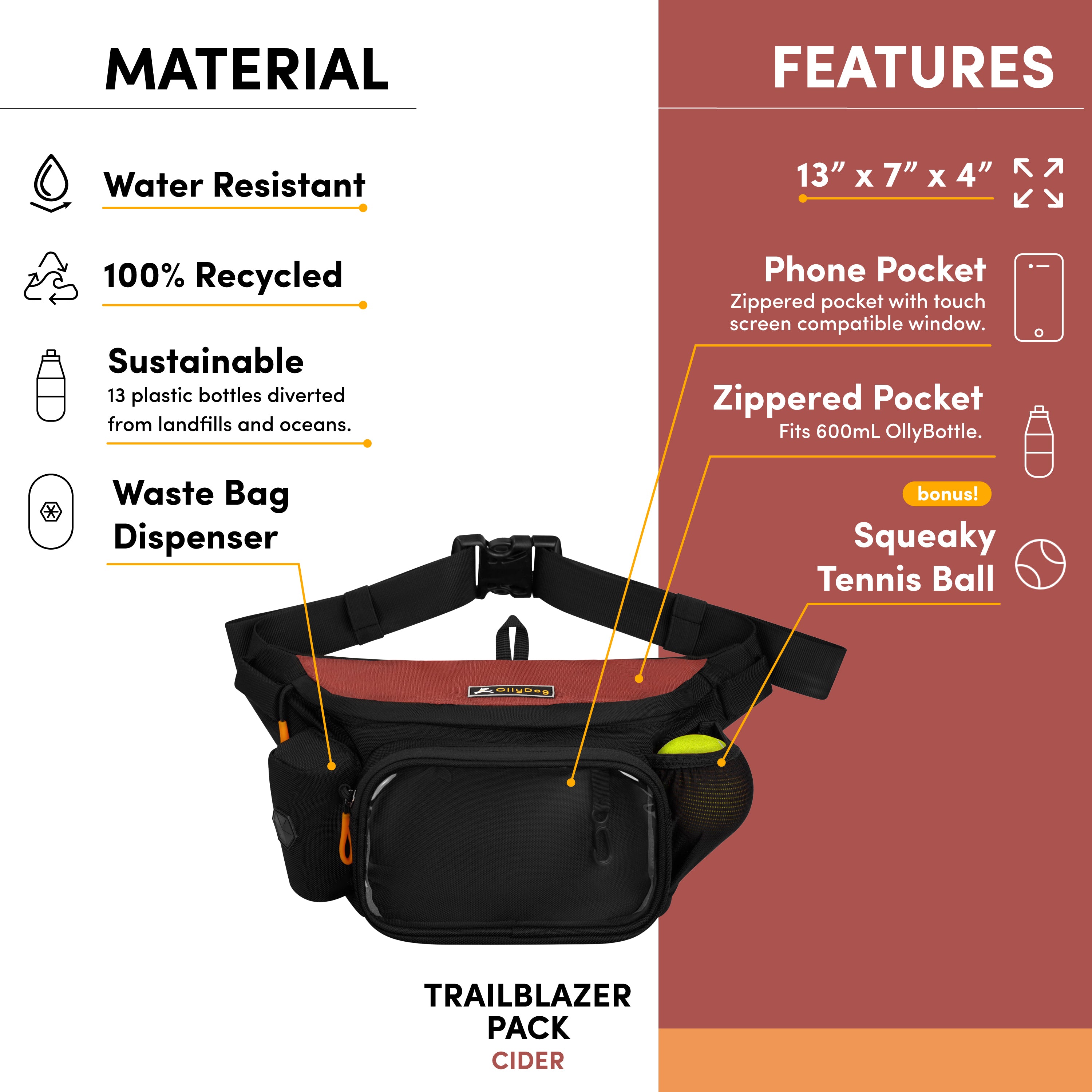 OllyDog Trailblazer Pack dog fanny pack in cider color, infographic showing water-resistant, 100% recycled material, built-in waste bag dispenser, phone pocket, zippered bottle pocket, and bonus squeaky tennis ball, ideal for dog walking and training #color_cider